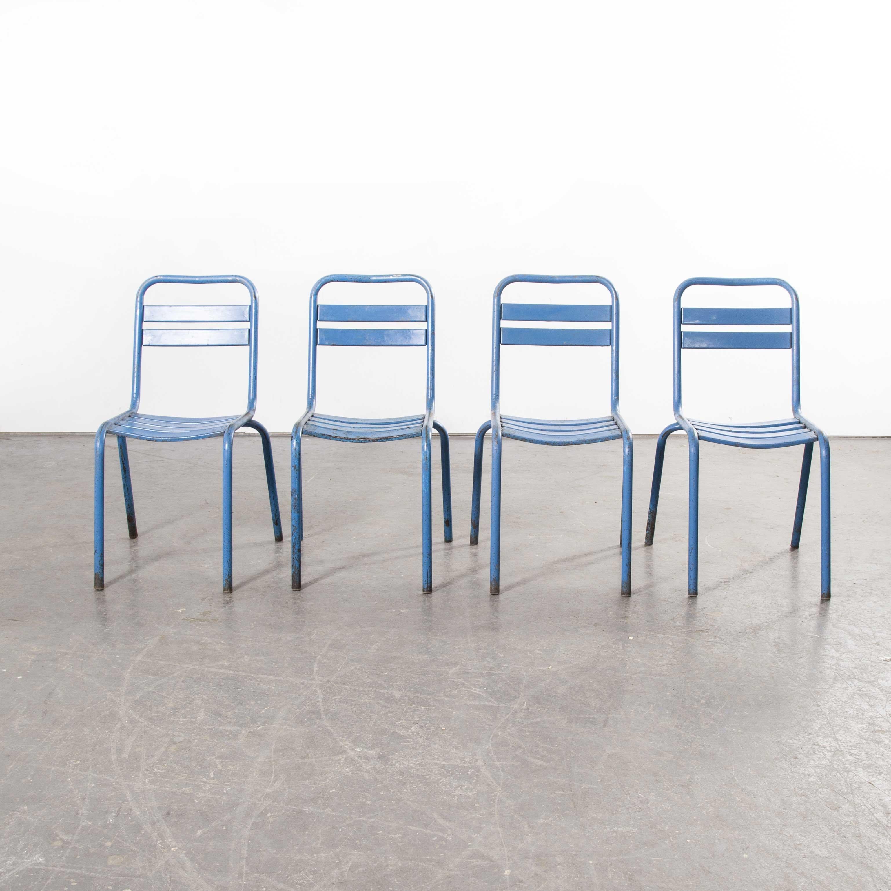 Mid-20th Century 1950s Original Blue French Tolix T2 Metal Café Dining Chair, Set of Four