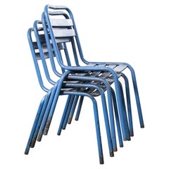 1950s Original Blue French Tolix T2 Metal Café Dining Chair, Set of Four