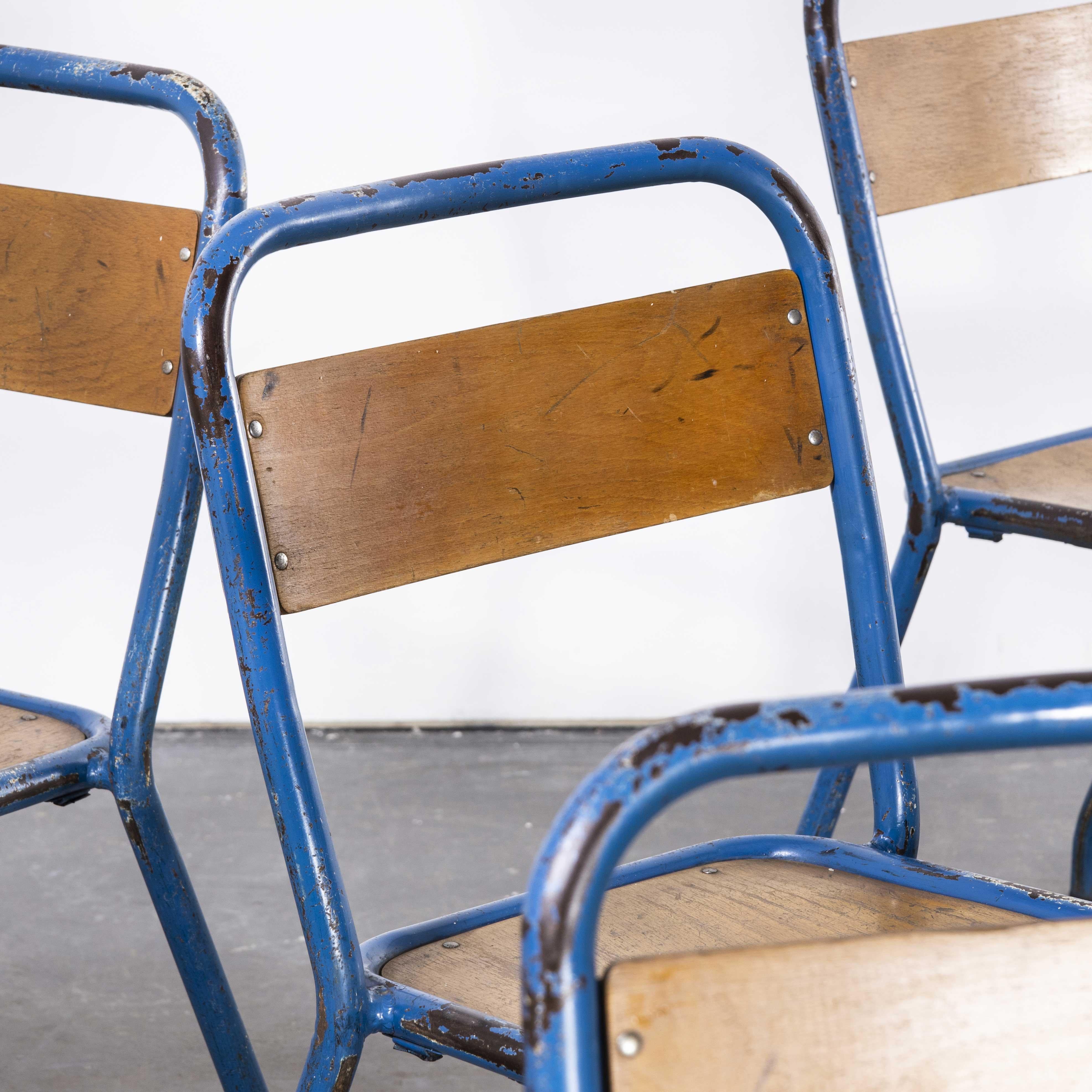 Mid-20th Century 1950's Original Blue French Tolix Wood Seat Metal Bistro Dining Chair, Set of T