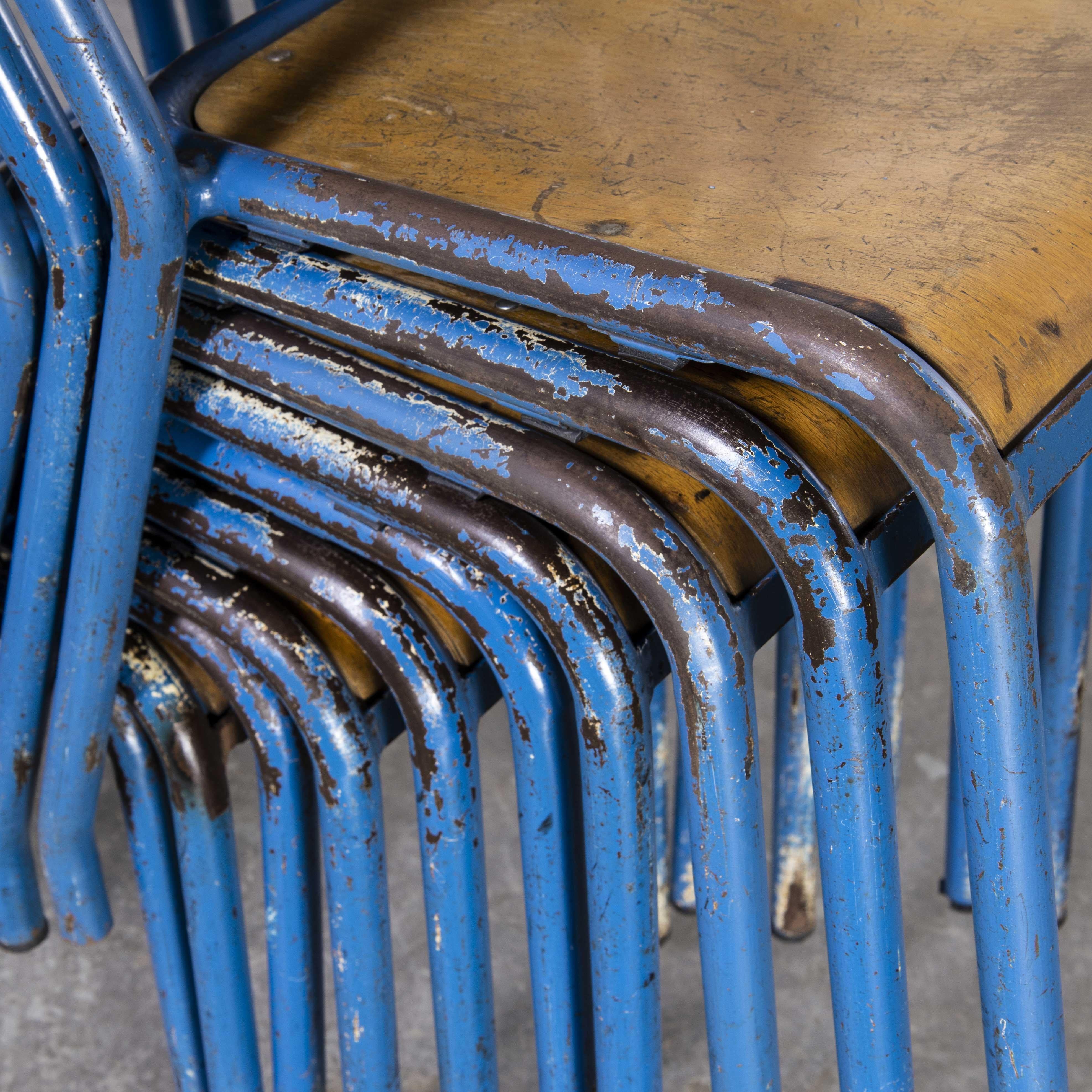 Paint 1950's Original Blue French Tolix Wood Seat Metal Bistro Dining Chair, Set of T