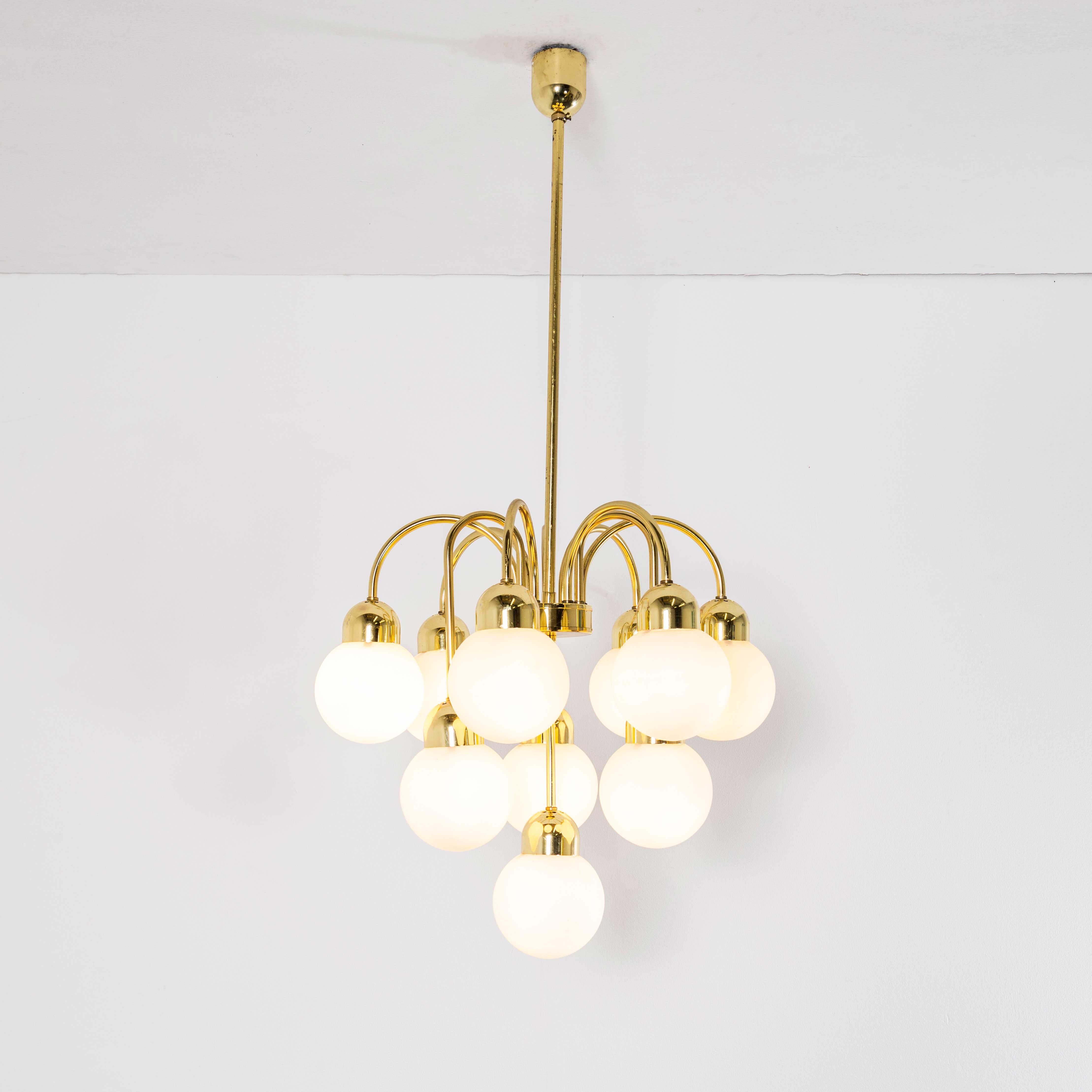 1950’s Original Brass And Opal Globe Pendant Chandelier. 
Brass and glass opal globe chandelier hand made in the Czech republic by the iconic Lustry Kamenicky Senon glassworks. The pendant is made with all the original brass components and original