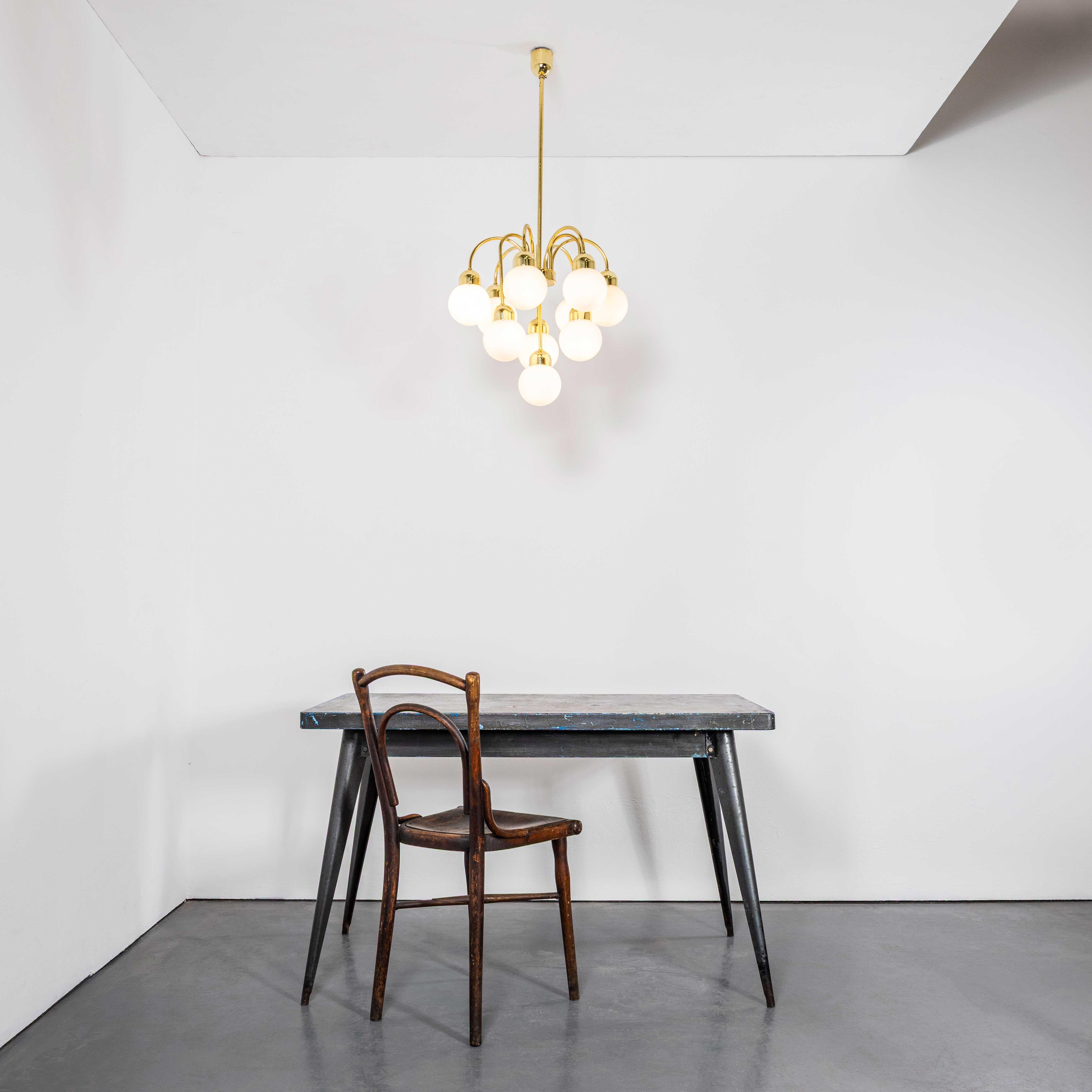 Czech 1950's Original Brass And Opal Globe Pendant Chandelier For Sale