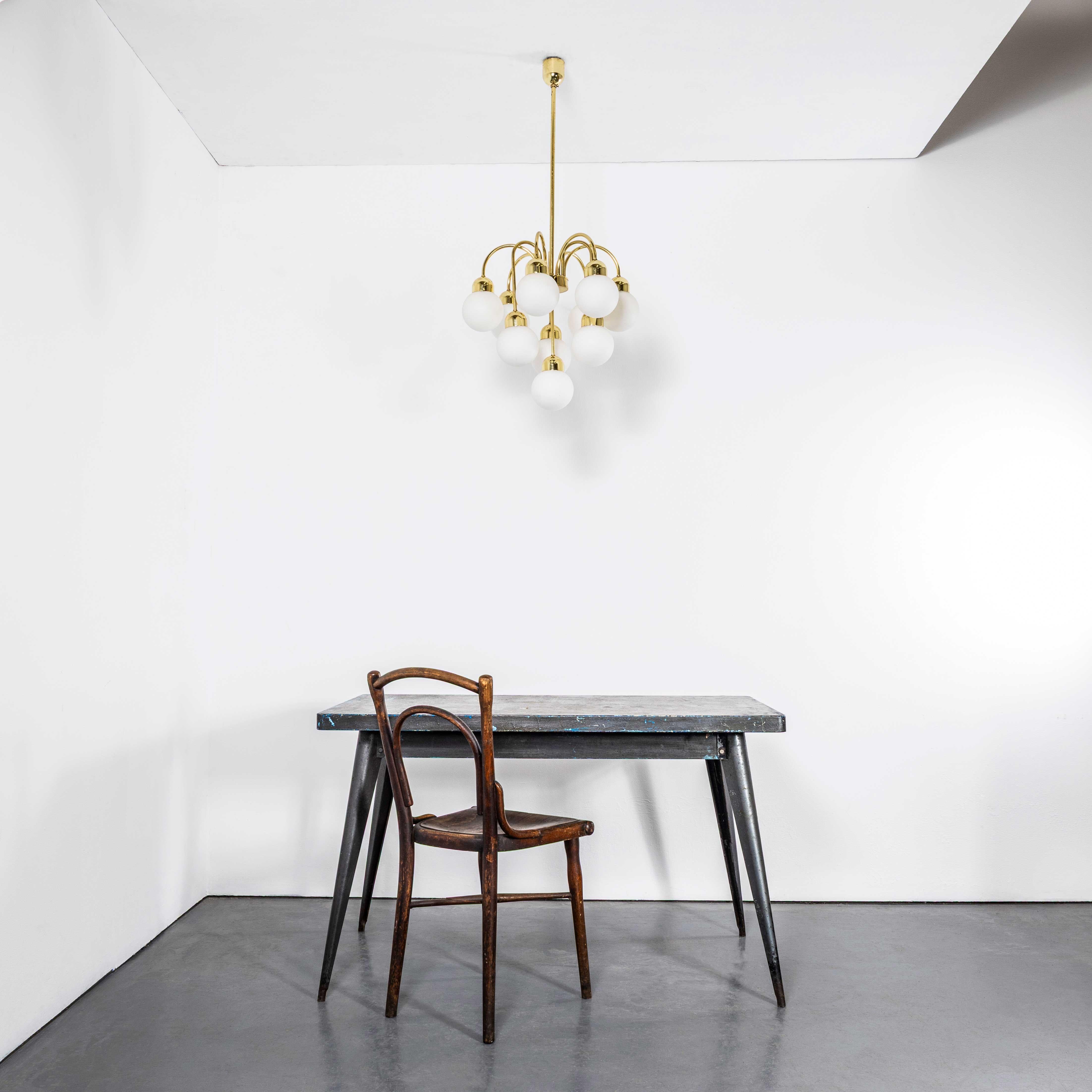 1950's Original Brass And Opal Globe Pendant Chandelier In Good Condition For Sale In Hook, Hampshire