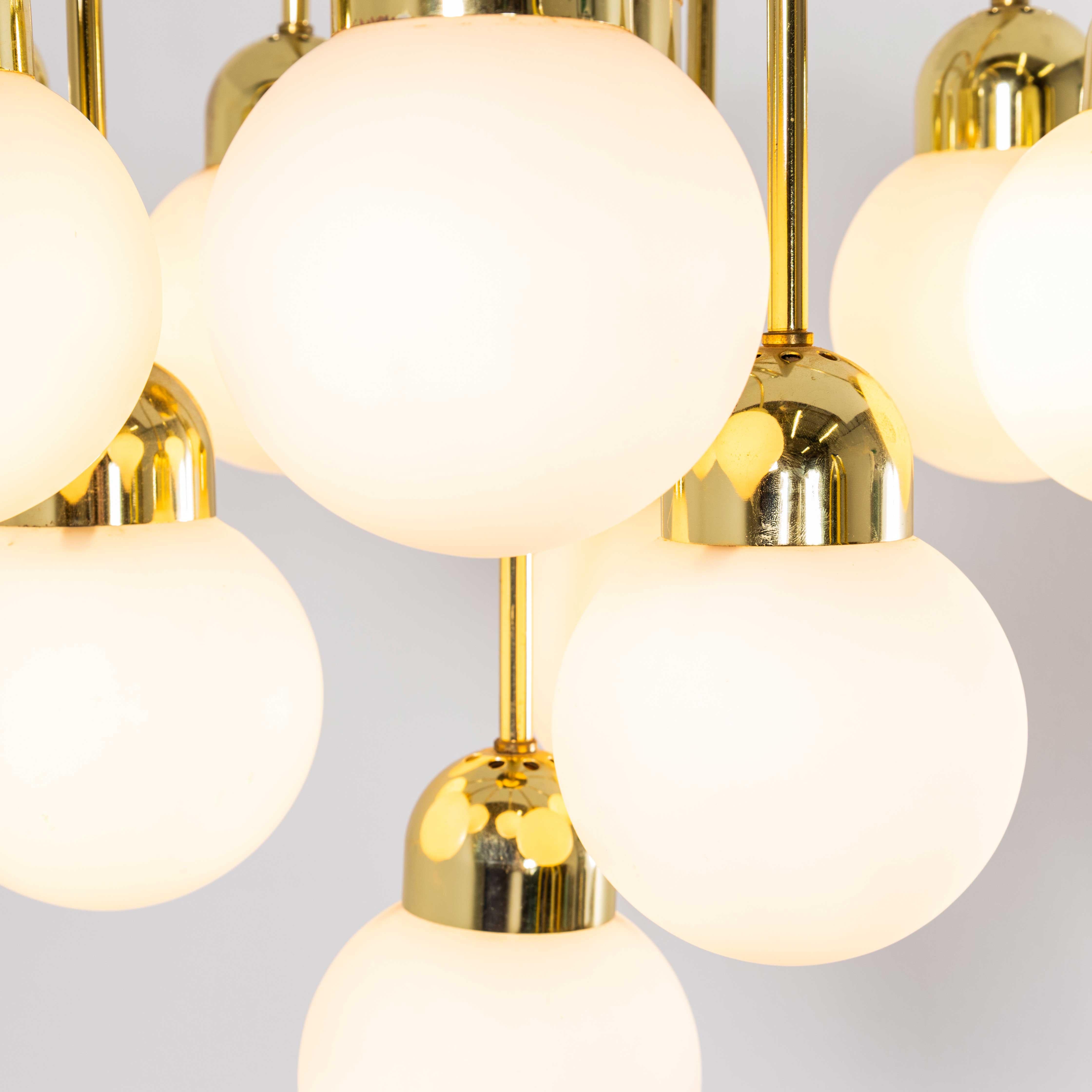 Mid-20th Century 1950's Original Brass And Opal Globe Pendant Chandelier For Sale