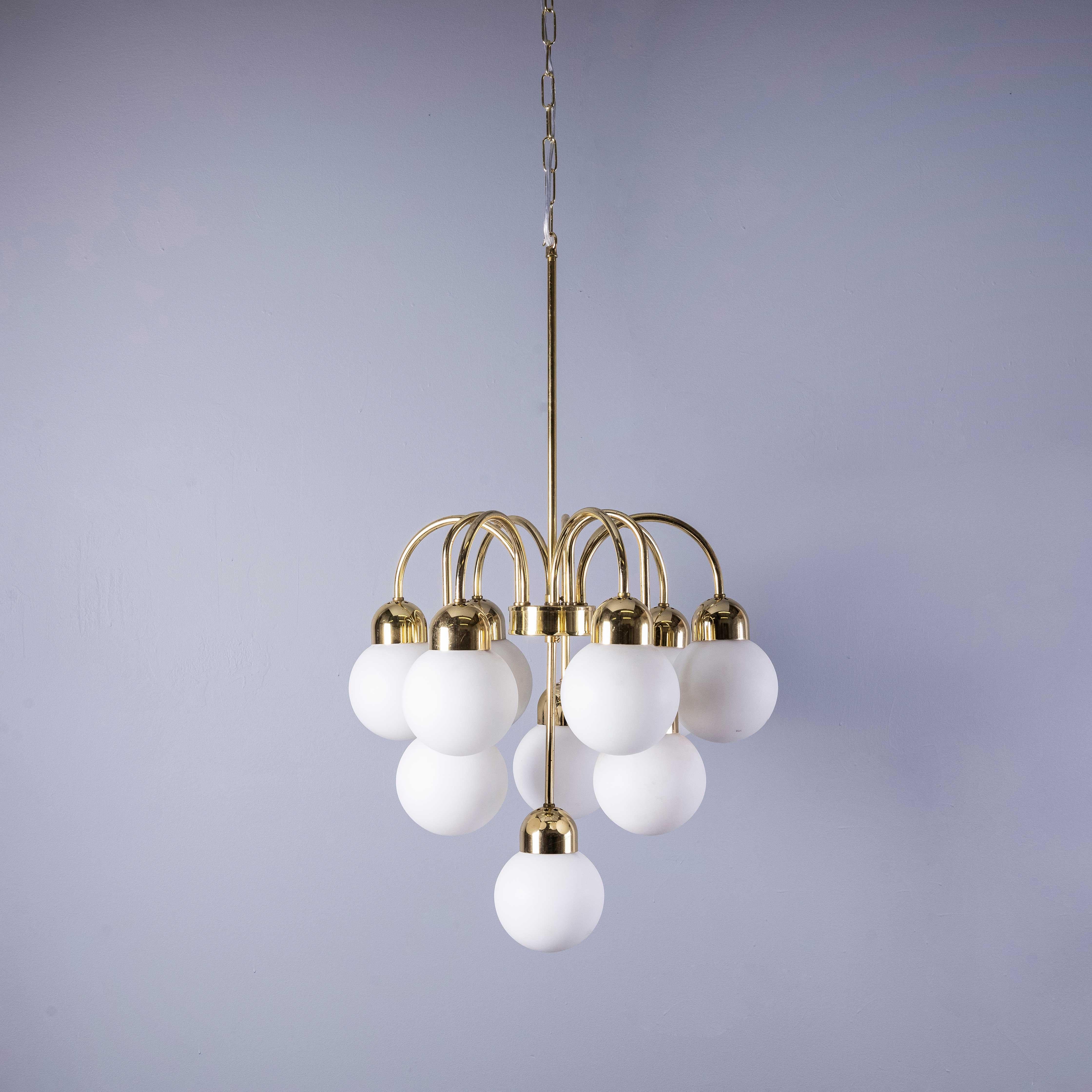Glass 1950's Original Brass And Opal Globe Pendant Chandelier For Sale