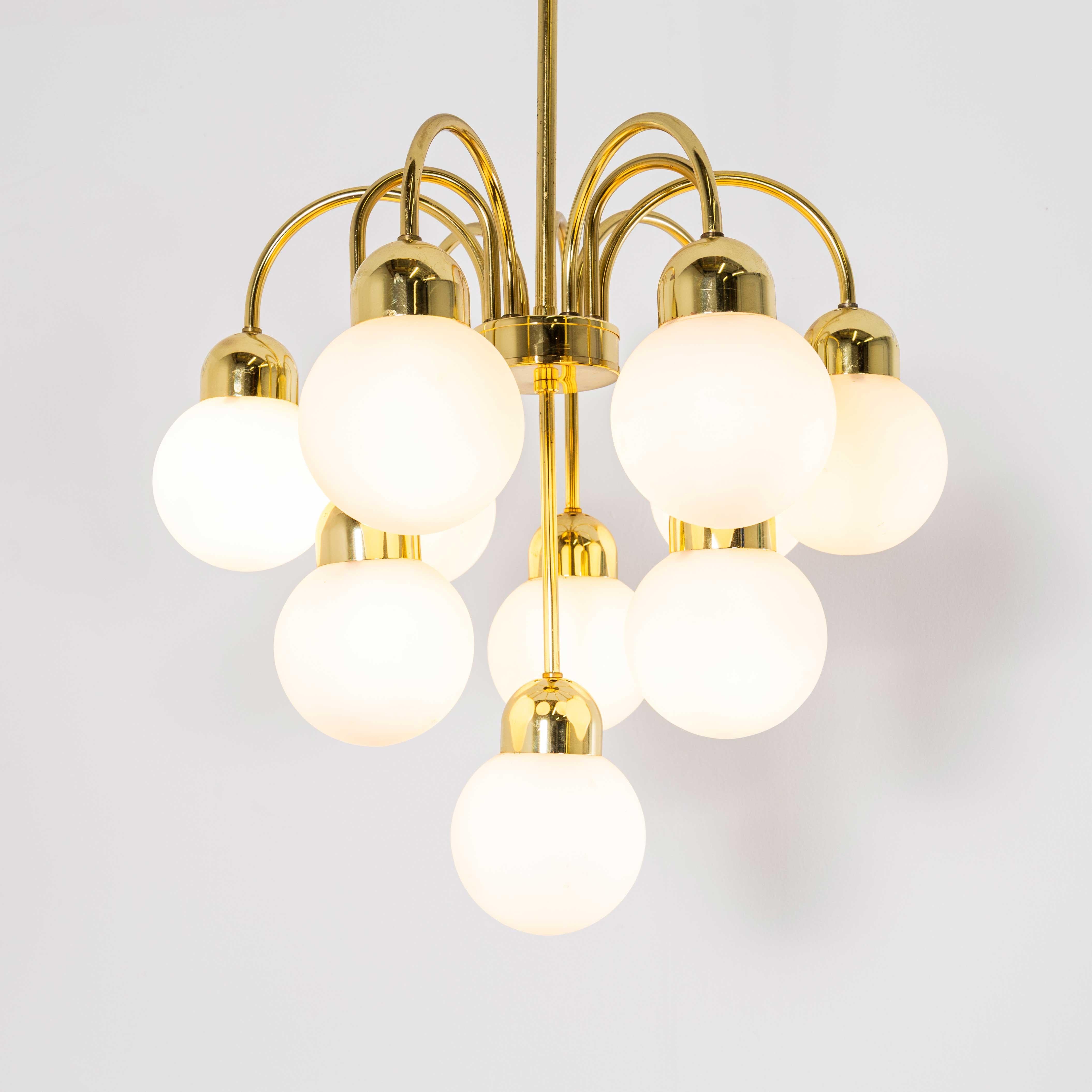 Glass 1950's Original Brass And Opal Globe Pendant Chandelier For Sale