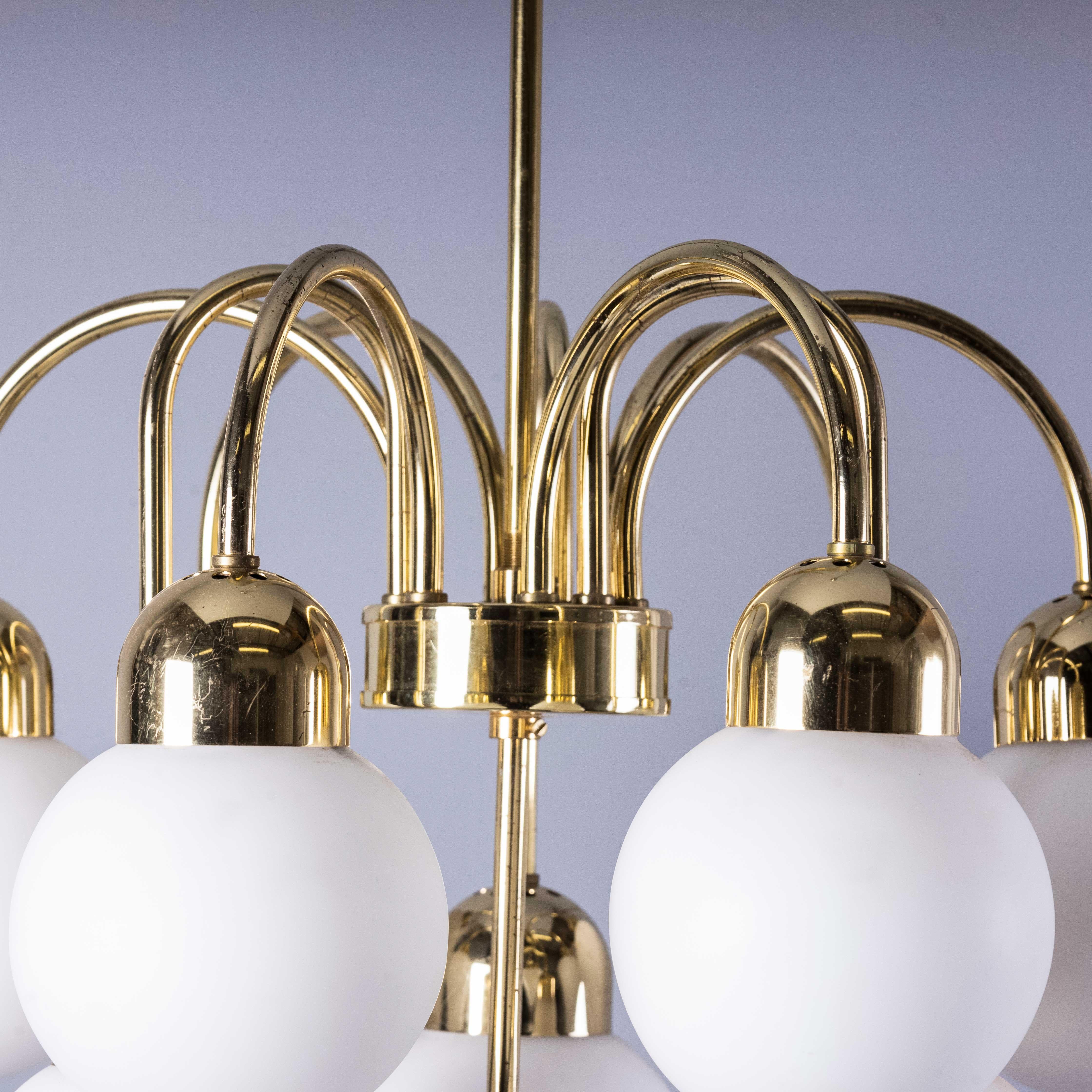 1950's Original Brass And Opal Globe Pendant Chandelier For Sale 1