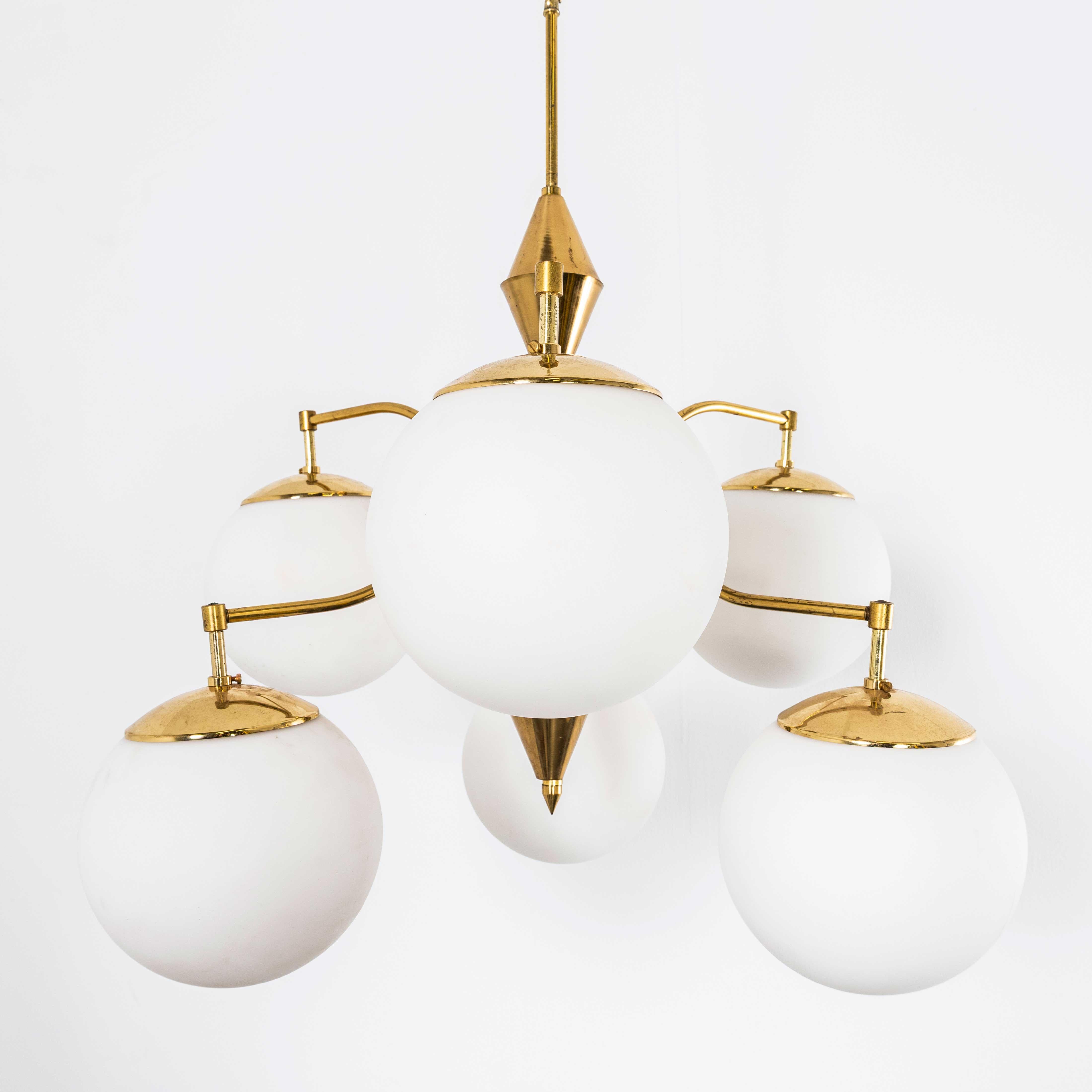 1950’s Original Brass Cone And Opal Globe Pendant Chandelier For Sale 5