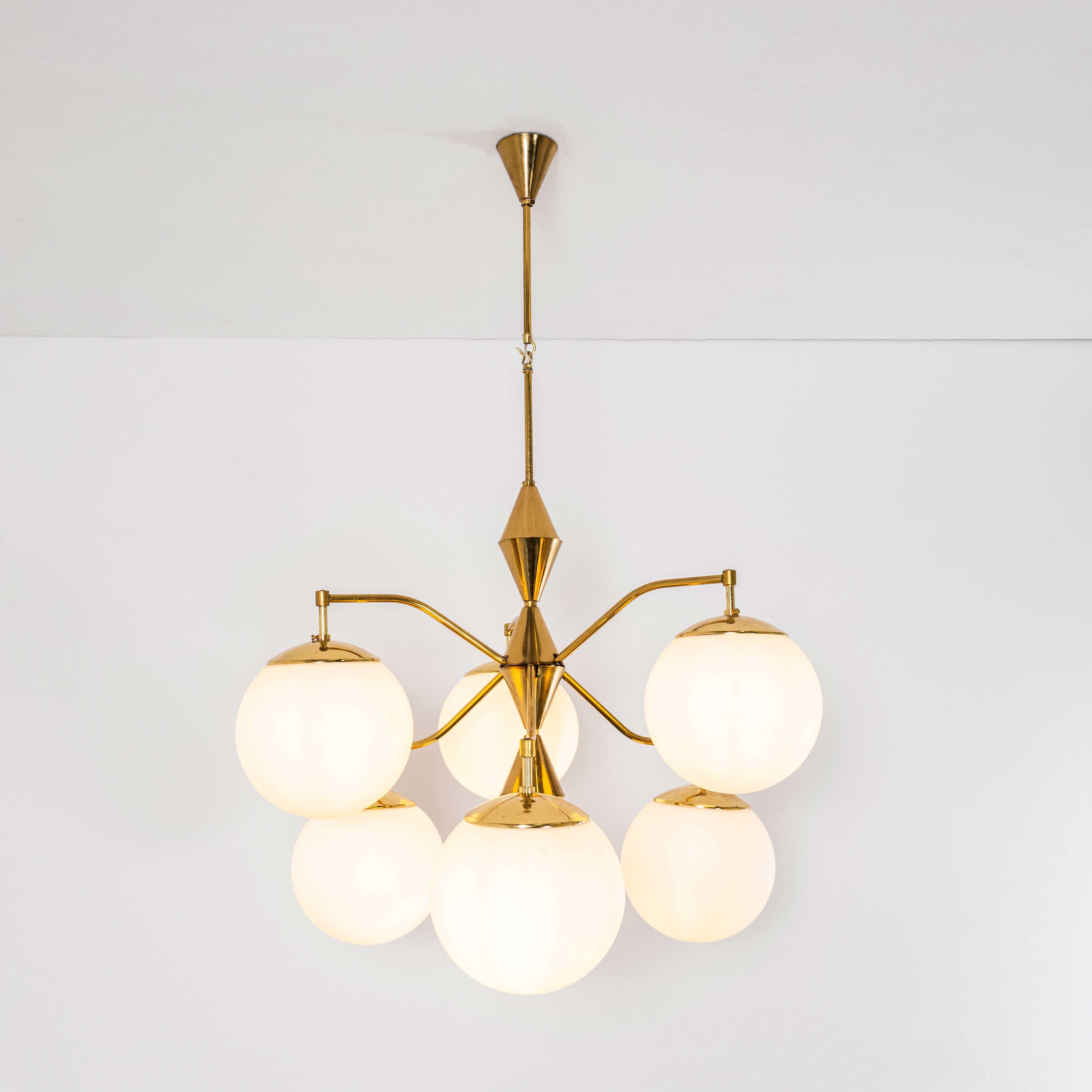 1950’s Original Brass Cone And Opal Globe Pendant Chandelier. 
Brass and glass opal globe chandelier hand made in the Czech republic by the iconic Lustry Kamenicky Senon glassworks. The pendant is made with all the original brass components and