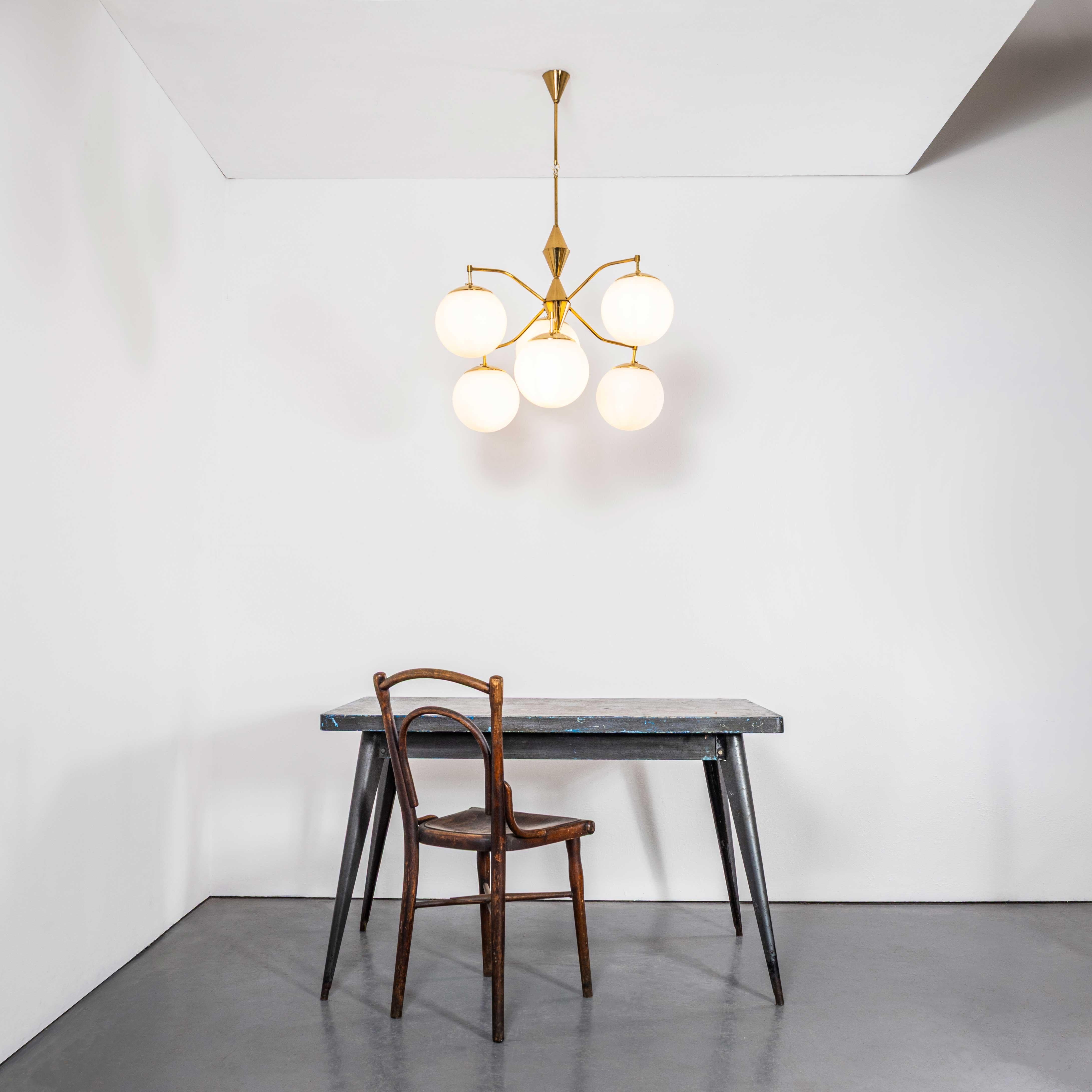 Czech 1950’s Original Brass Cone And Opal Globe Pendant Chandelier For Sale
