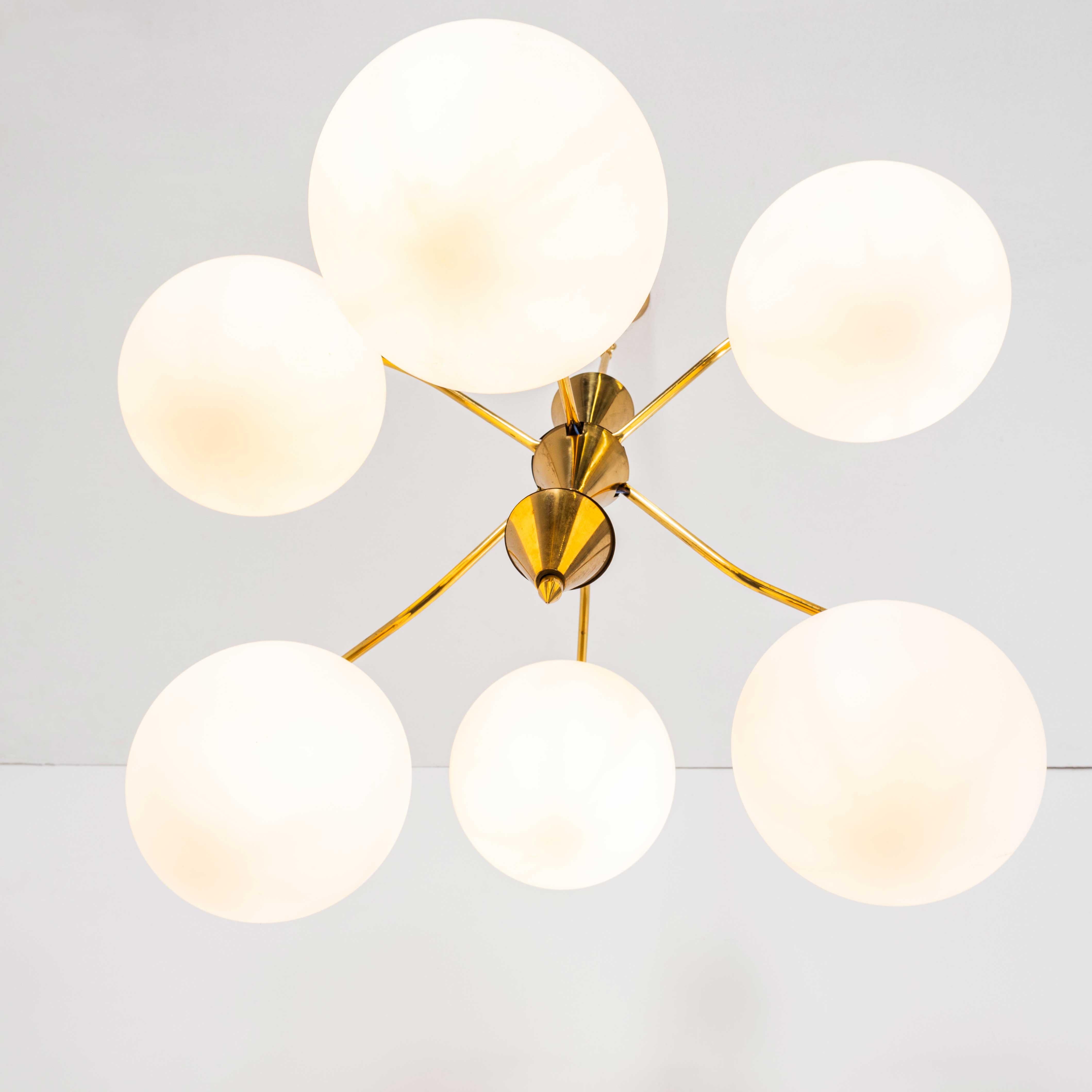 Mid-20th Century 1950’s Original Brass Cone And Opal Globe Pendant Chandelier For Sale