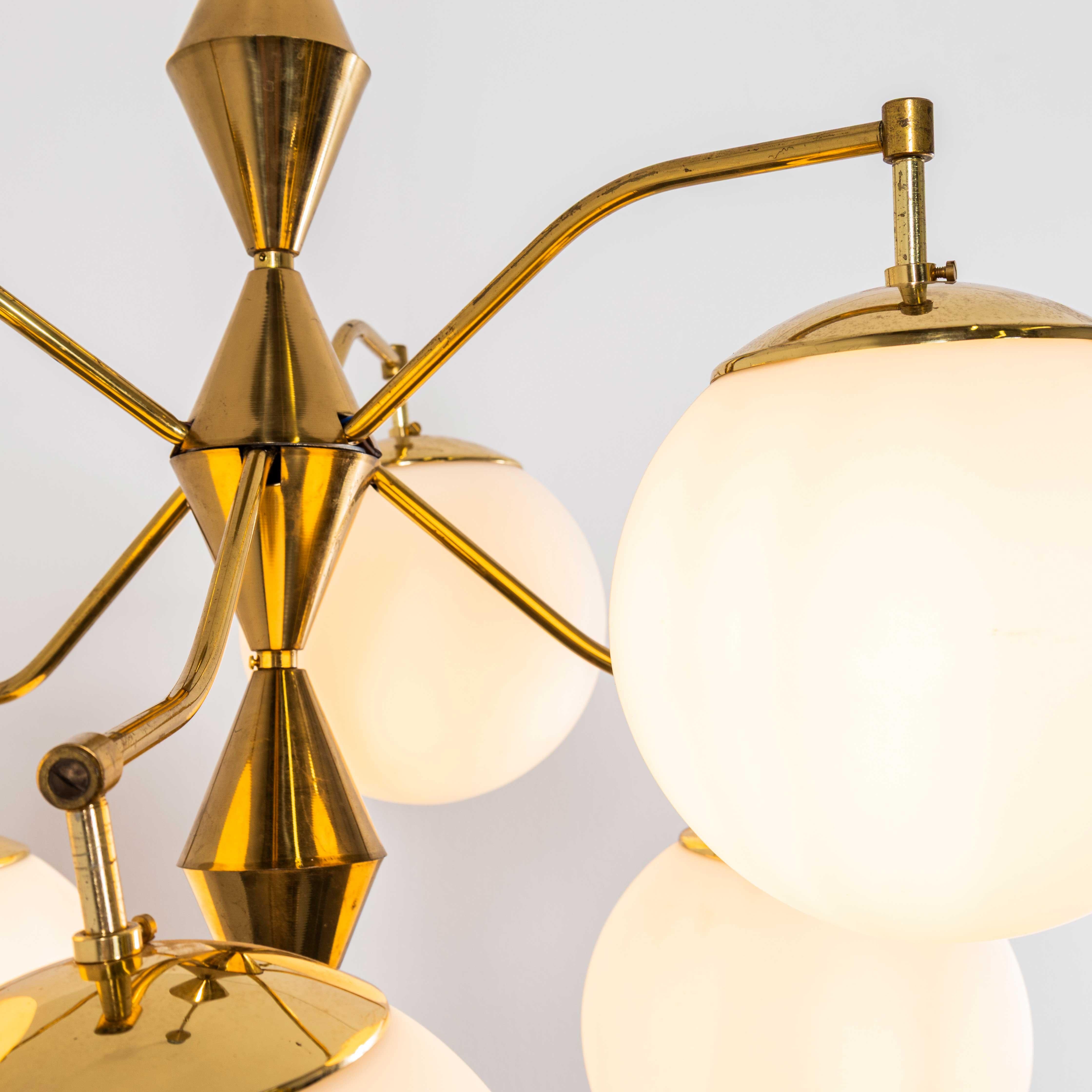 1950’s Original Brass Cone And Opal Globe Pendant Chandelier For Sale 2