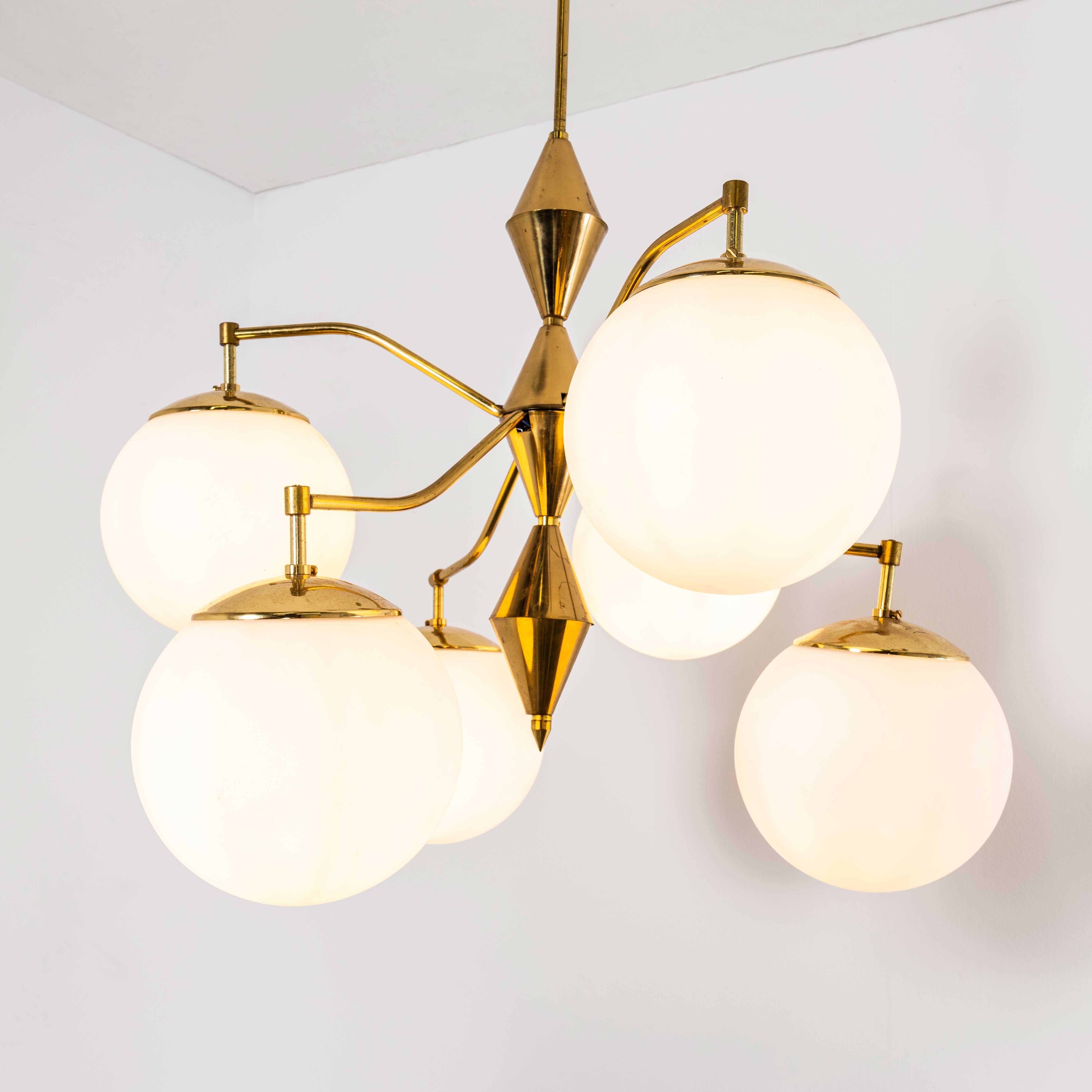 1950’s Original Brass Cone And Opal Globe Pendant Chandelier For Sale 3