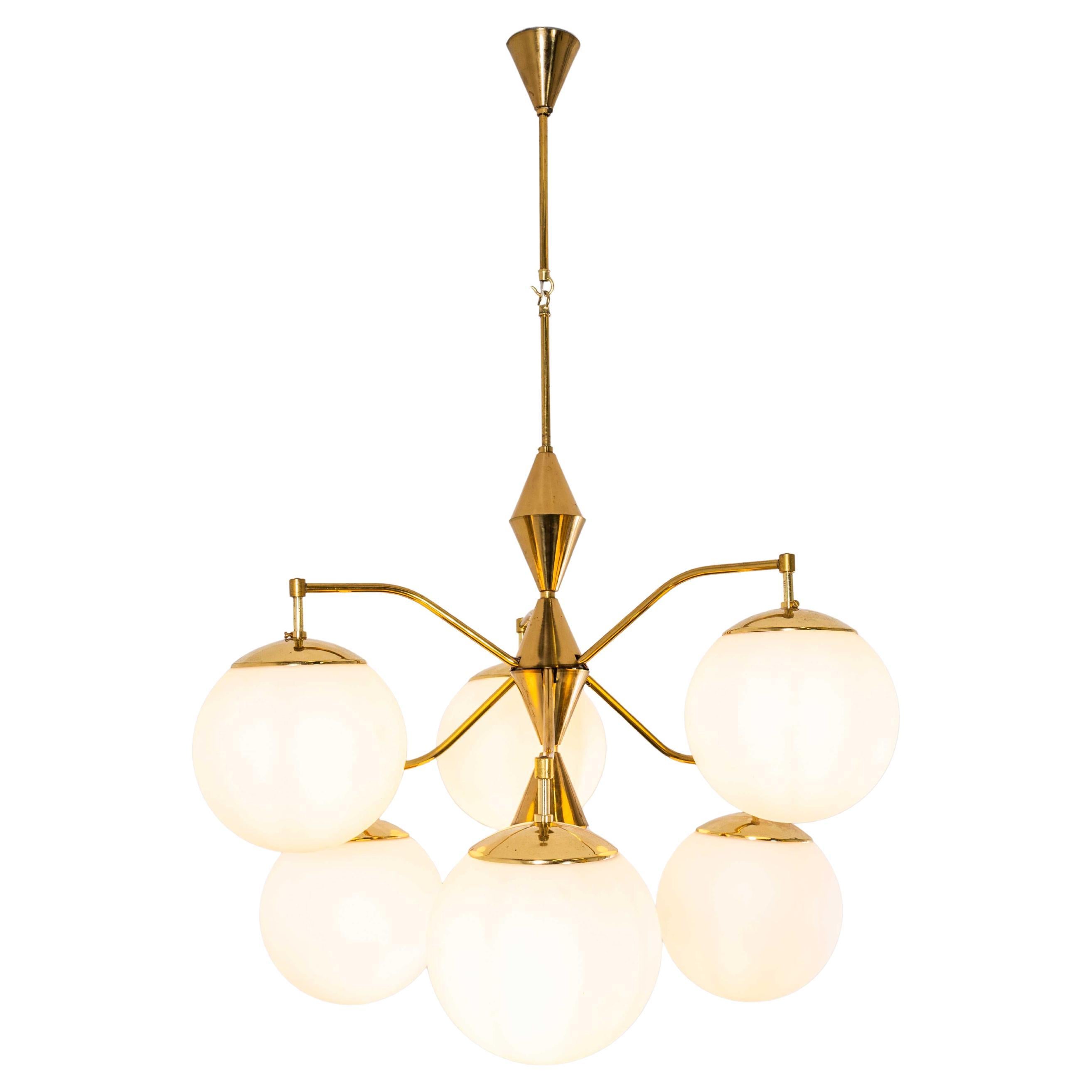 1950’s Original Brass Cone And Opal Globe Pendant Chandelier For Sale