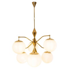 1950’s Original Brass Cone And Opal Globe Pendant Chandelier