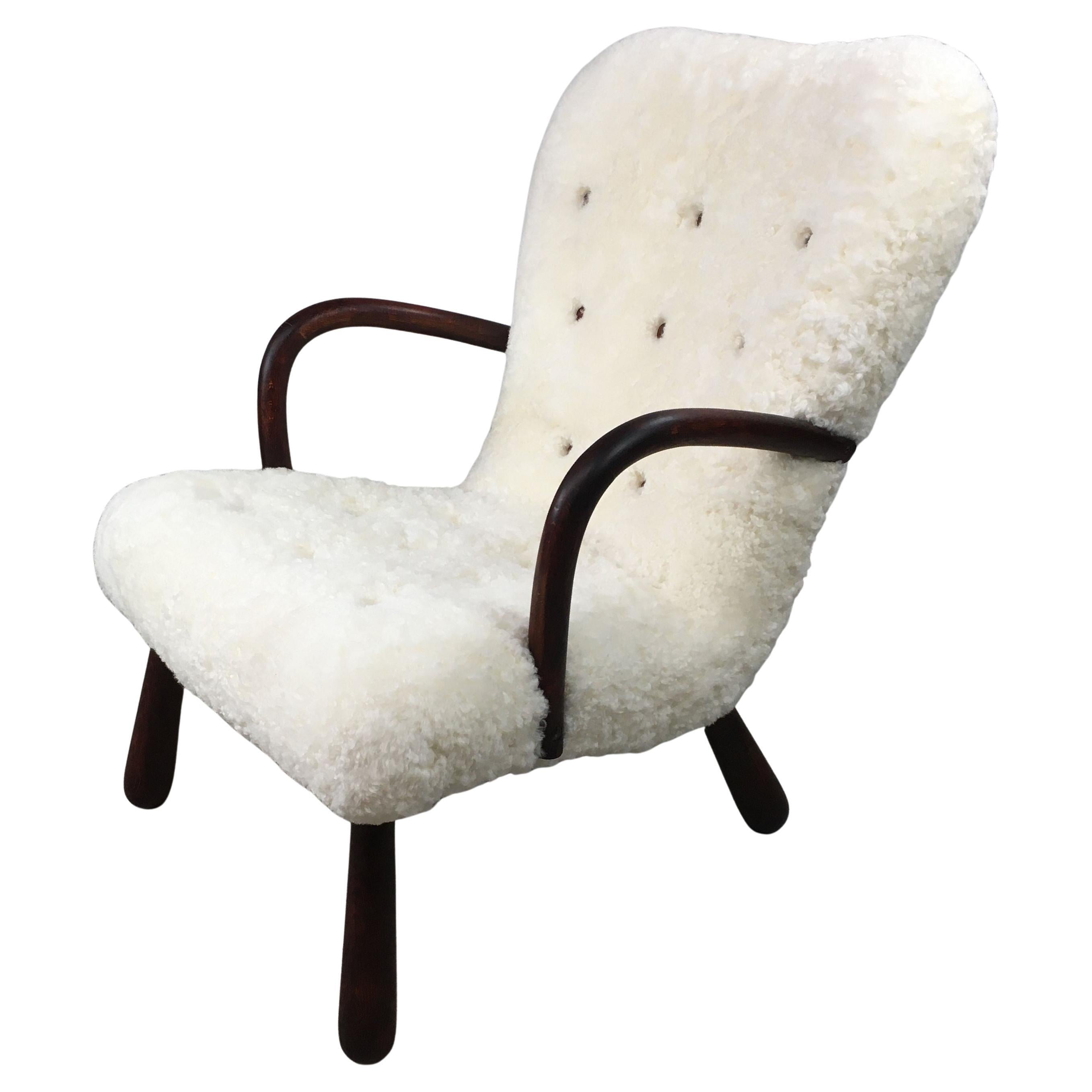 1950's Original Danish Clam Chair Reupholstered in Natural White Sheepskin For Sale