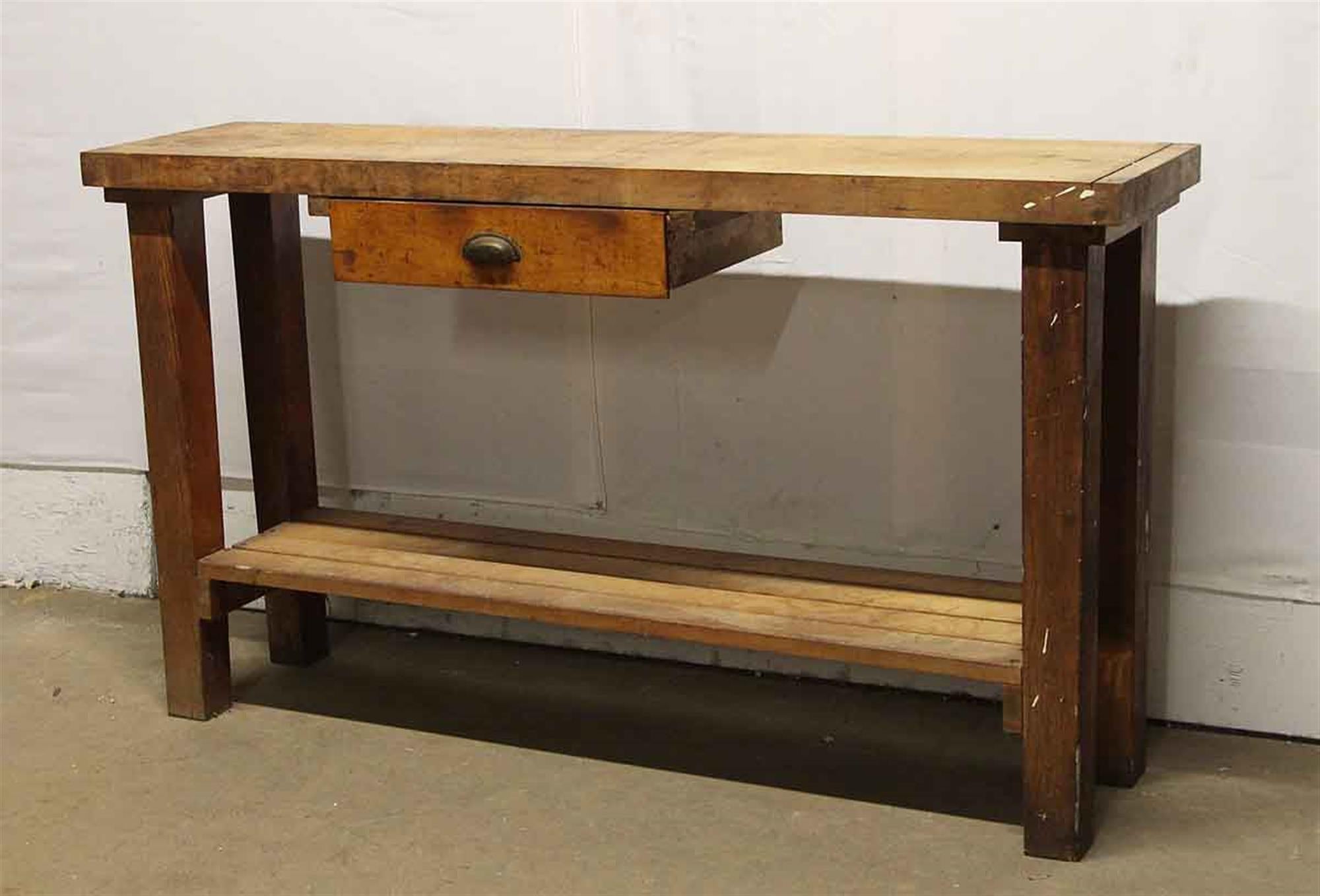 Industrial 1950s Original Distressed Wood Work Bench with Drawer and Lower Shelf