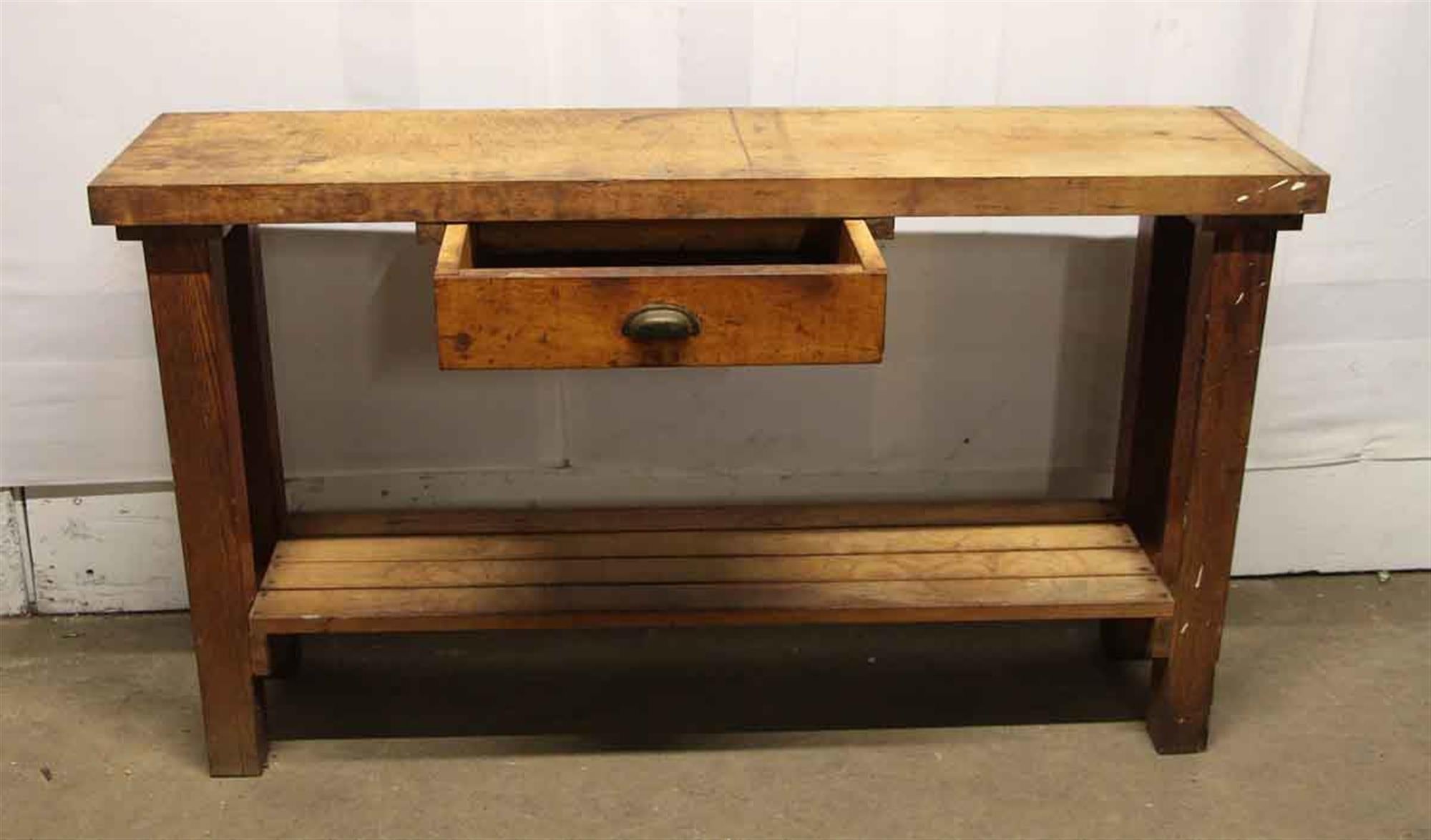 Mid-20th Century 1950s Original Distressed Wood Work Bench with Drawer and Lower Shelf