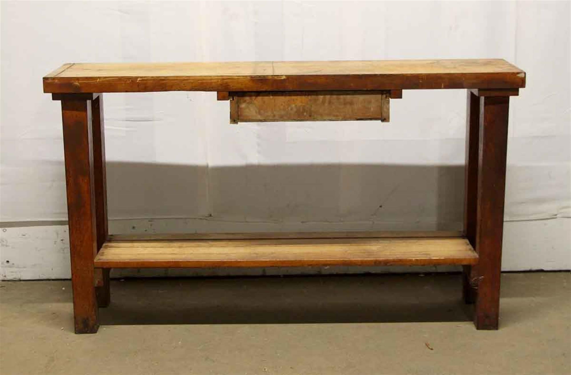 1950s Original Distressed Wood Work Bench with Drawer and Lower Shelf 2