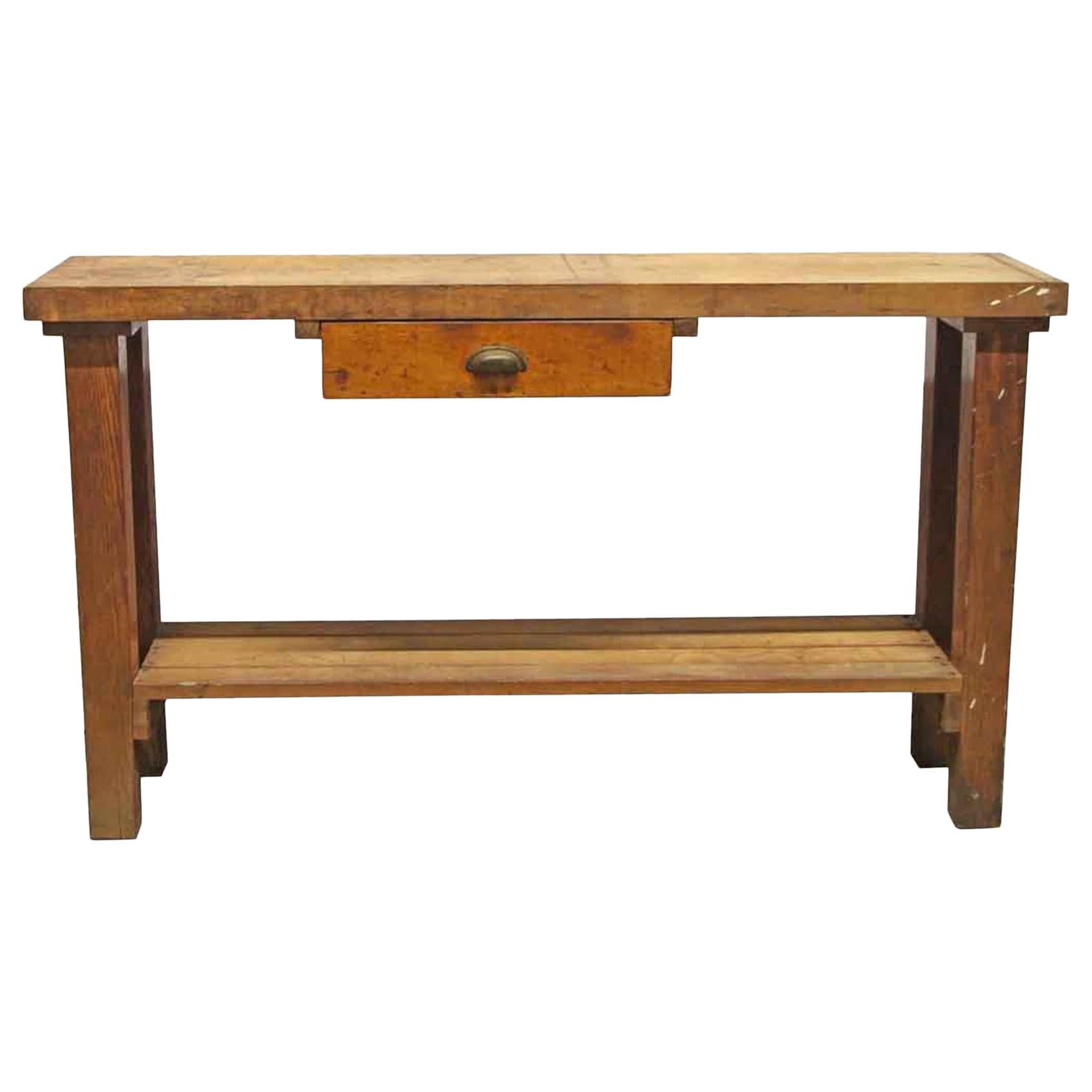1950s Original Distressed Wood Work Bench with Drawer and Lower Shelf