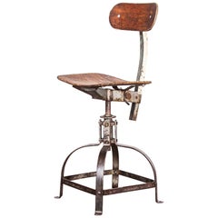 Vintage 1950s Original French Bienaise Swivelling Workshop Chair Cream and Metal Frame