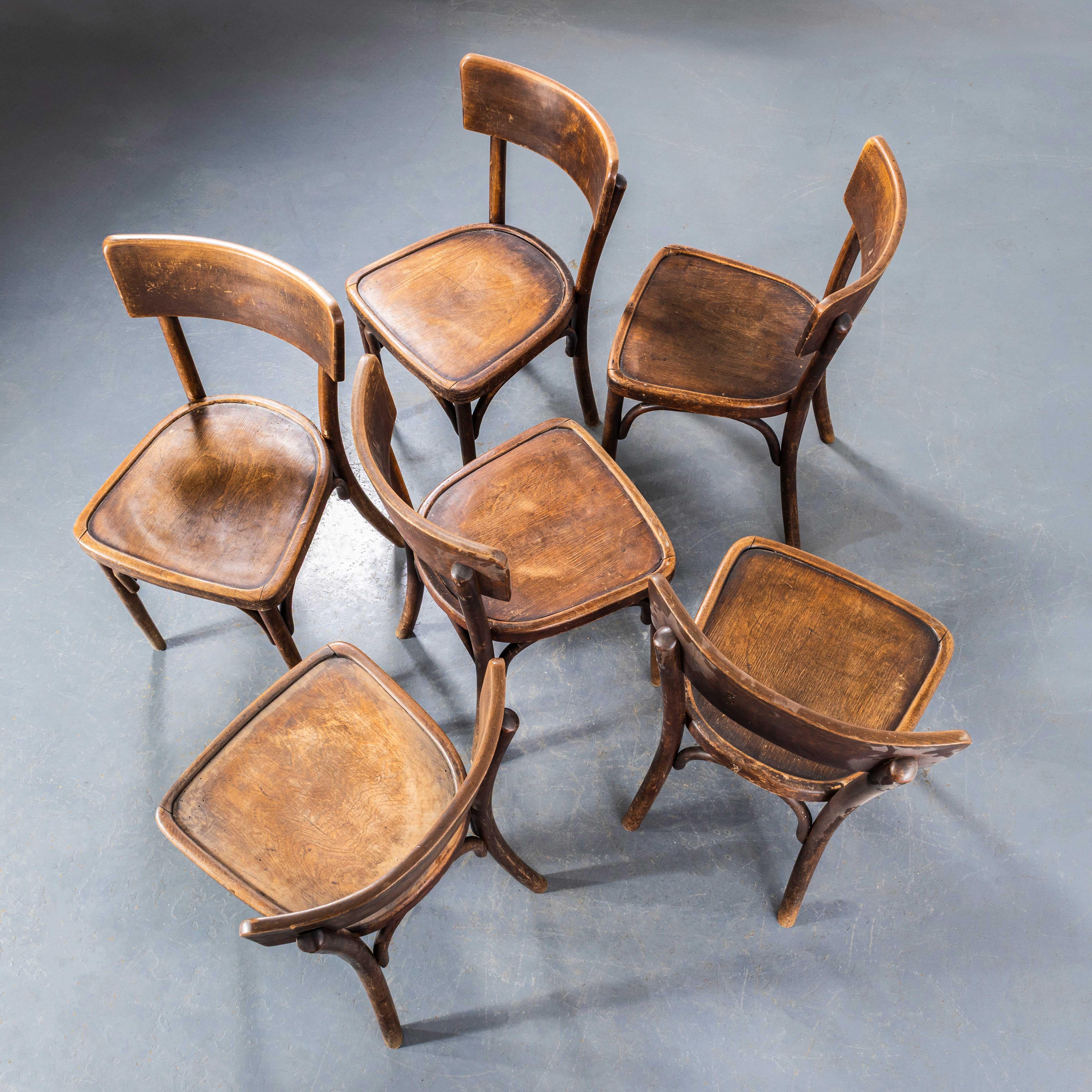 Juego de seis sillas de comedor originales francesas de madera curvada de roble de los años 50 en Bueno estado para la venta en Hook, Hampshire