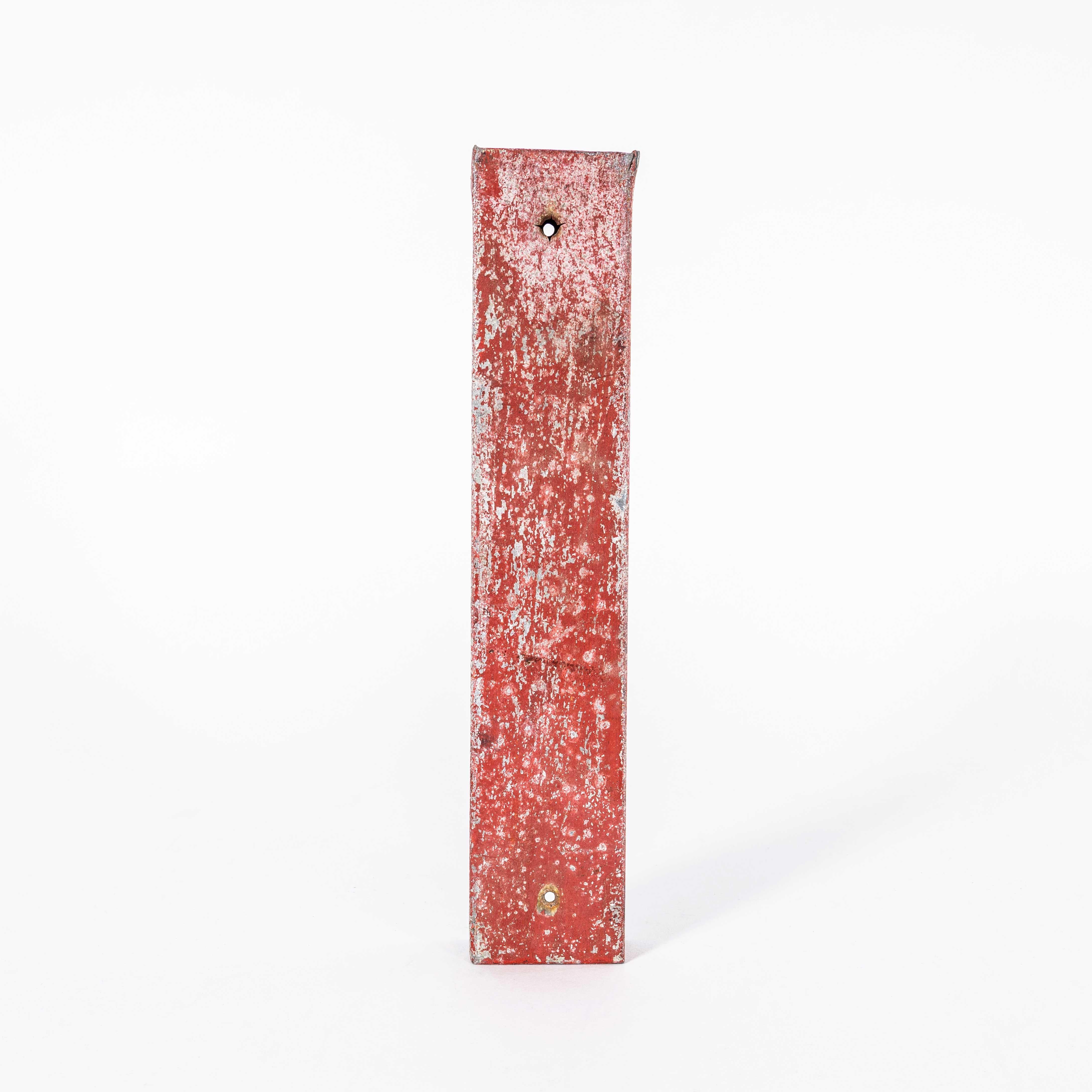 1950’s Original French Red Zinc Letter – I. 
We have a number of these well aged letters. The letters have been handmade in sheet steel and zinc dipped. The letters are hollow on the reverse. This listing is for one letter only as specified in the