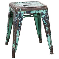 Used 1950s Original French Tolix H Metal Café Dining Stool, Turquoise