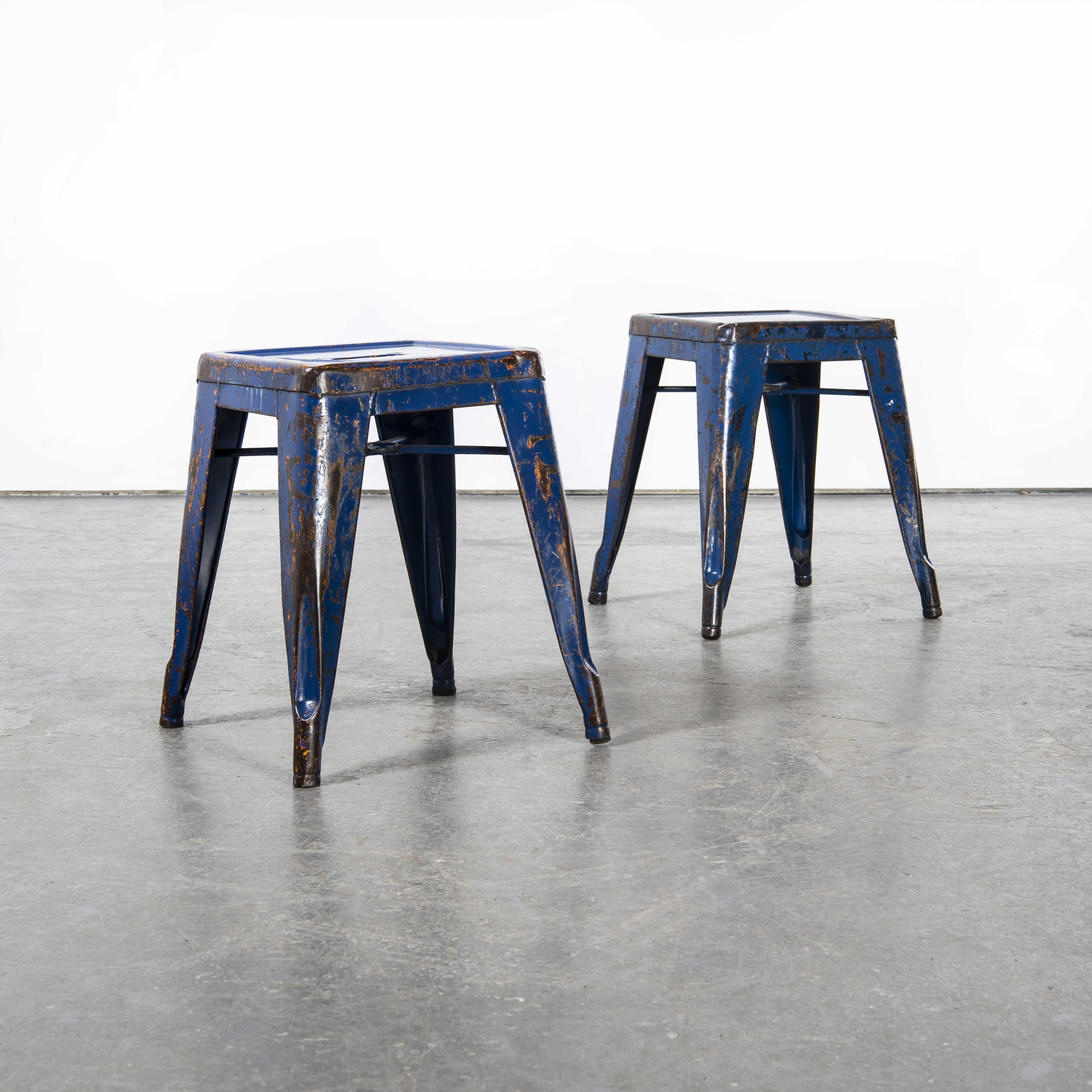 1950's Original French Tolix H Metal Café Dining Stools Blue, Pair In Good Condition In Hook, Hampshire