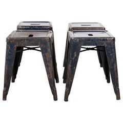 Used 1950s Original French Tolix H Metal Café Dining Stools Blue, Set of Four