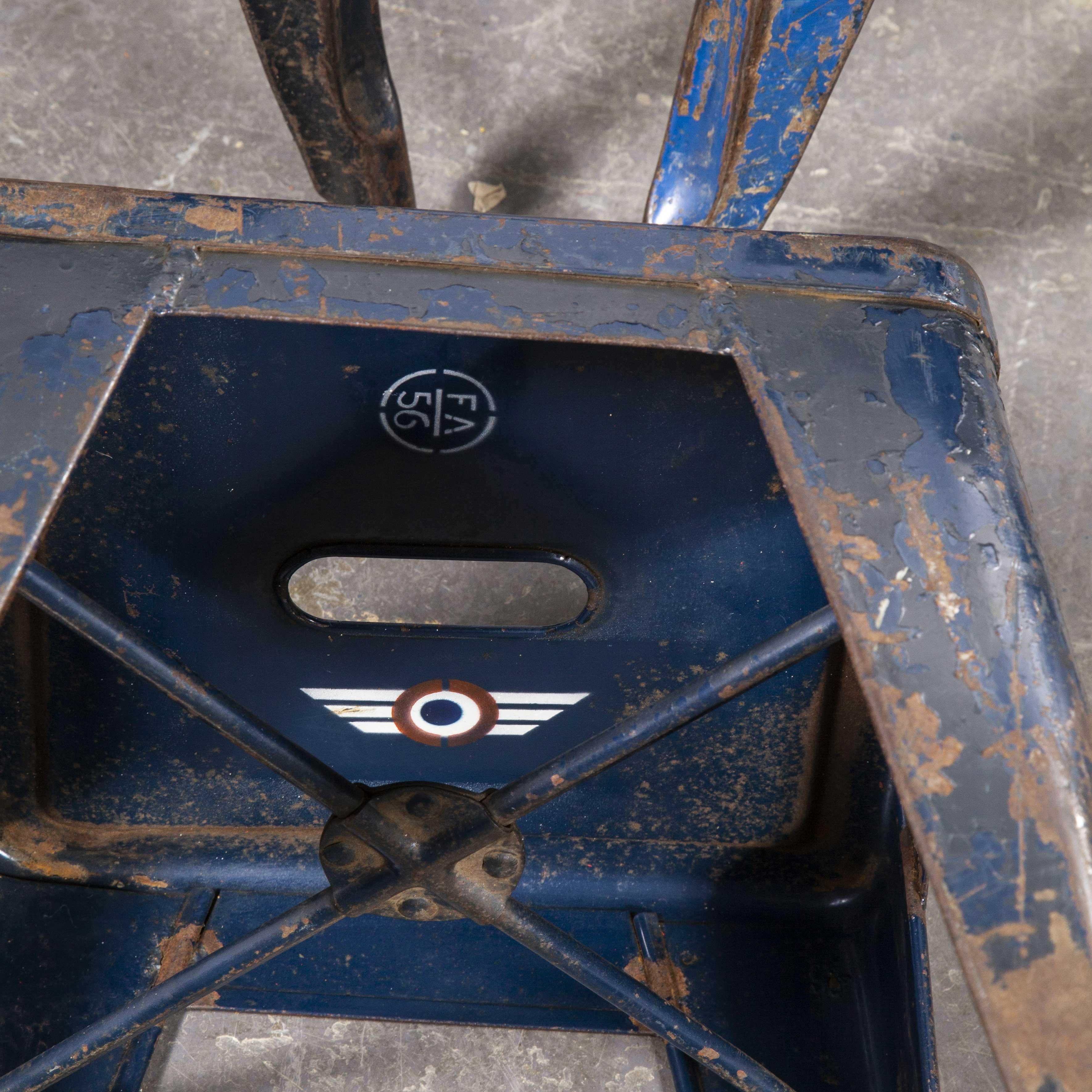 1950s original French Tolix H metal cafe dining stools blue – Set of six. Tolix is one of our all time favourite companies. In 1907 Frenchman Xavier Pauchard discovered that he could protect sheet metal from rusting by dipping it in molten zinc