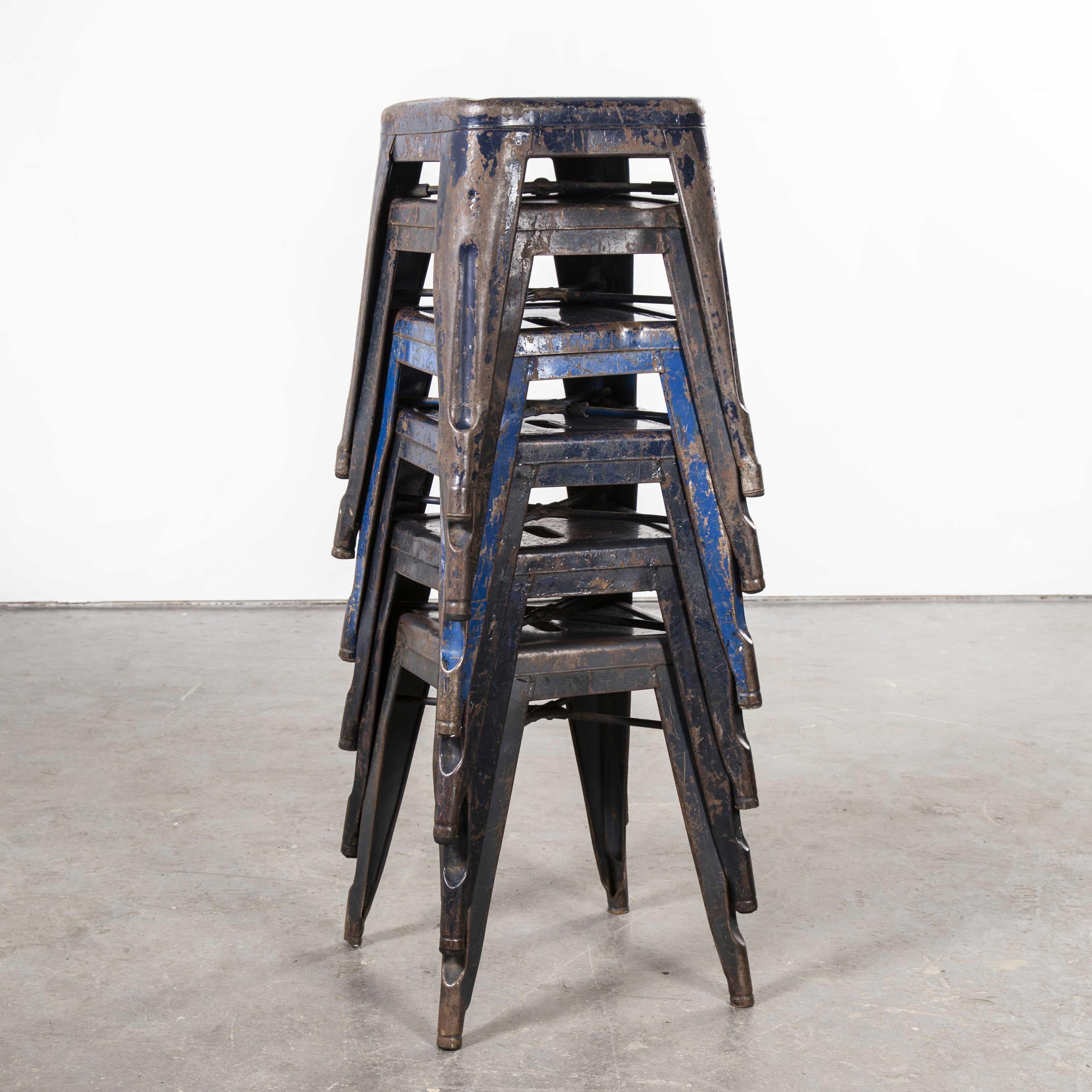 1950s Original French Tolix H Metal Café Dining Stools Blue, Set of Six 5