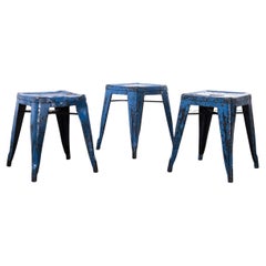 Vintage 1950's Original French Tolix H Metal Café Dining Stools Bright Blue, Set of 3