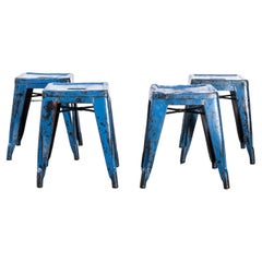 Vintage 1950's Original French Tolix H Metal Café Dining Stools Bright Blue, Set of Four