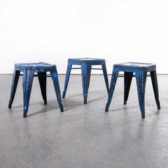 1950's Original French Tolix H Metal Café Dining Stools Bright Blue, Set of Thr
