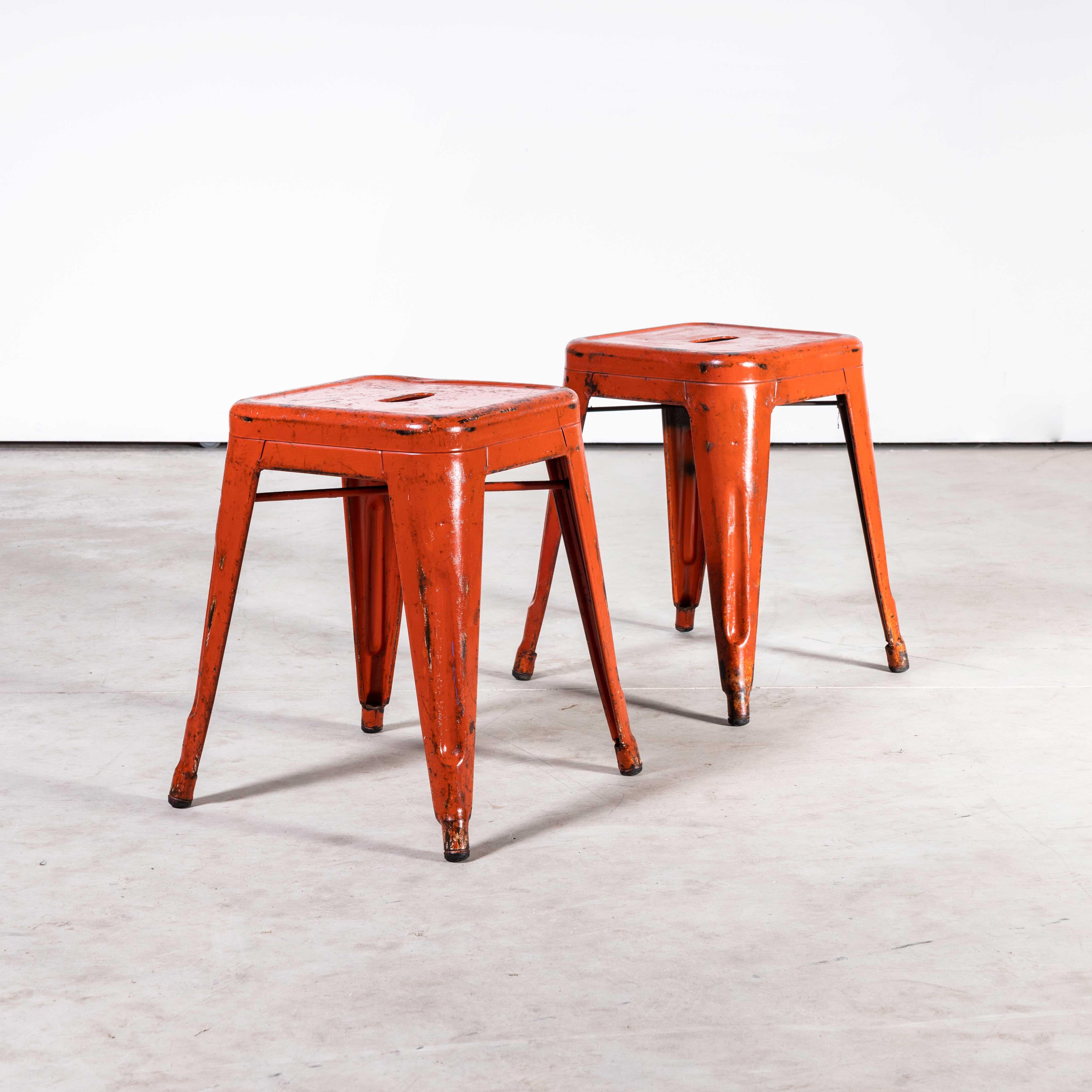 1950’s original French Tolix H metal café dining stools red – pair
1950’s original French Tolix H metal café dining stools red – pair. Tolix is one of our all time favourite companies. In 1907 Frenchman Xavier Pauchard discovered that he could