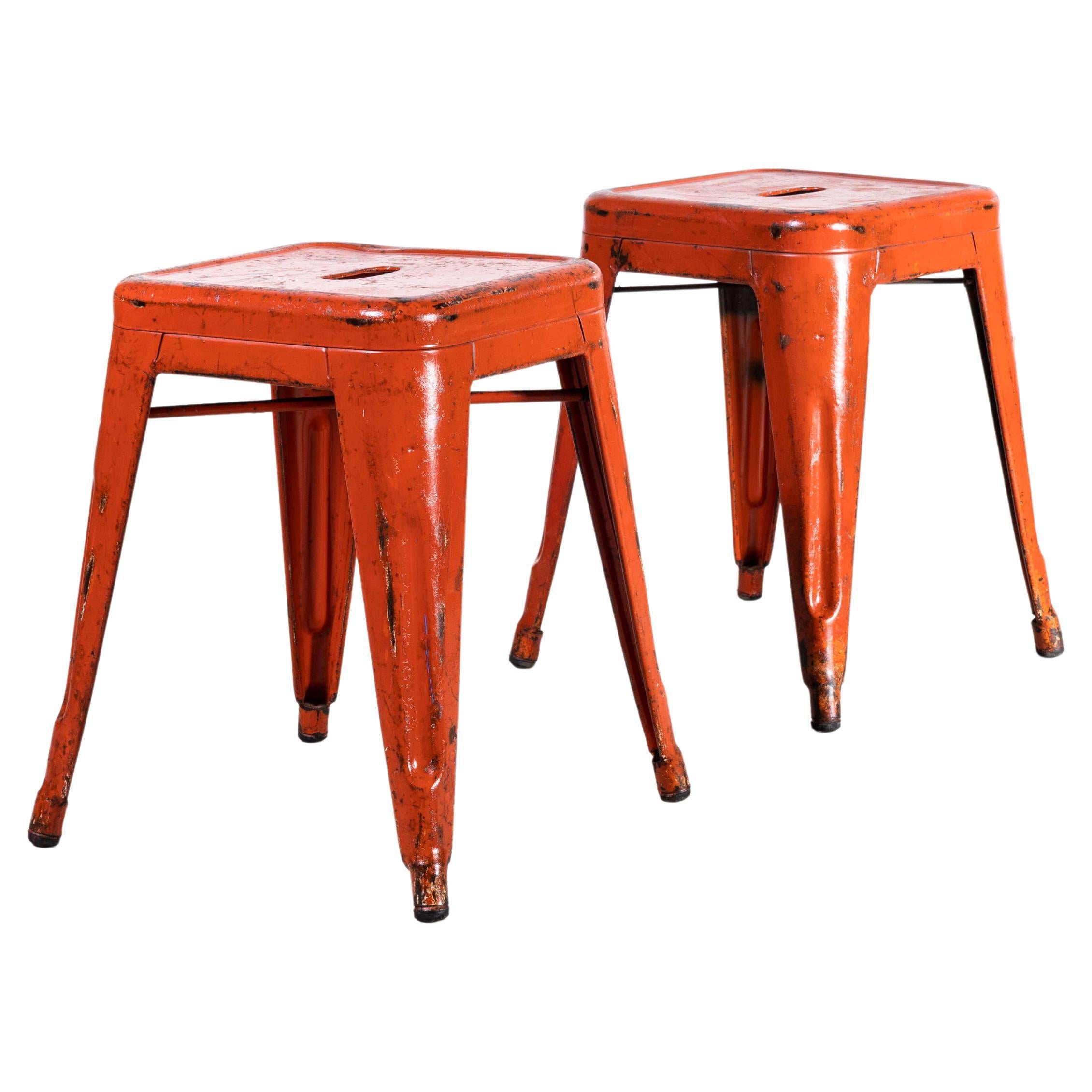 1950's Original French Tolix H Metal Café Dining Stools Red, Pair For Sale