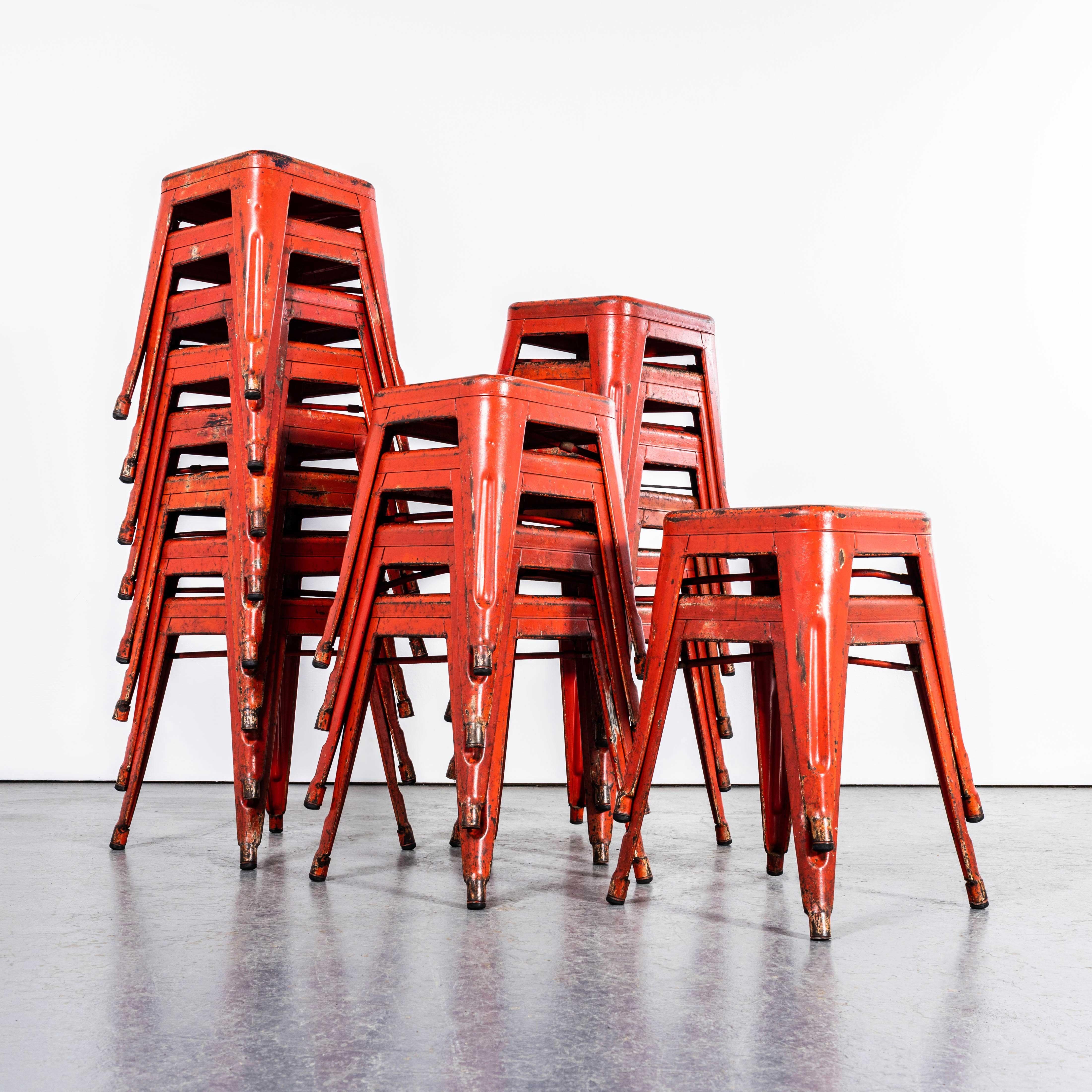 1950's Original French Tolix H Metal Café Dining Stools Red - Small Batch Available. 

Tolix is one of our all time favourite companies. In 1907 Frenchman Xavier Pauchard discovered that he could protect sheet metal from rusting by dipping it in