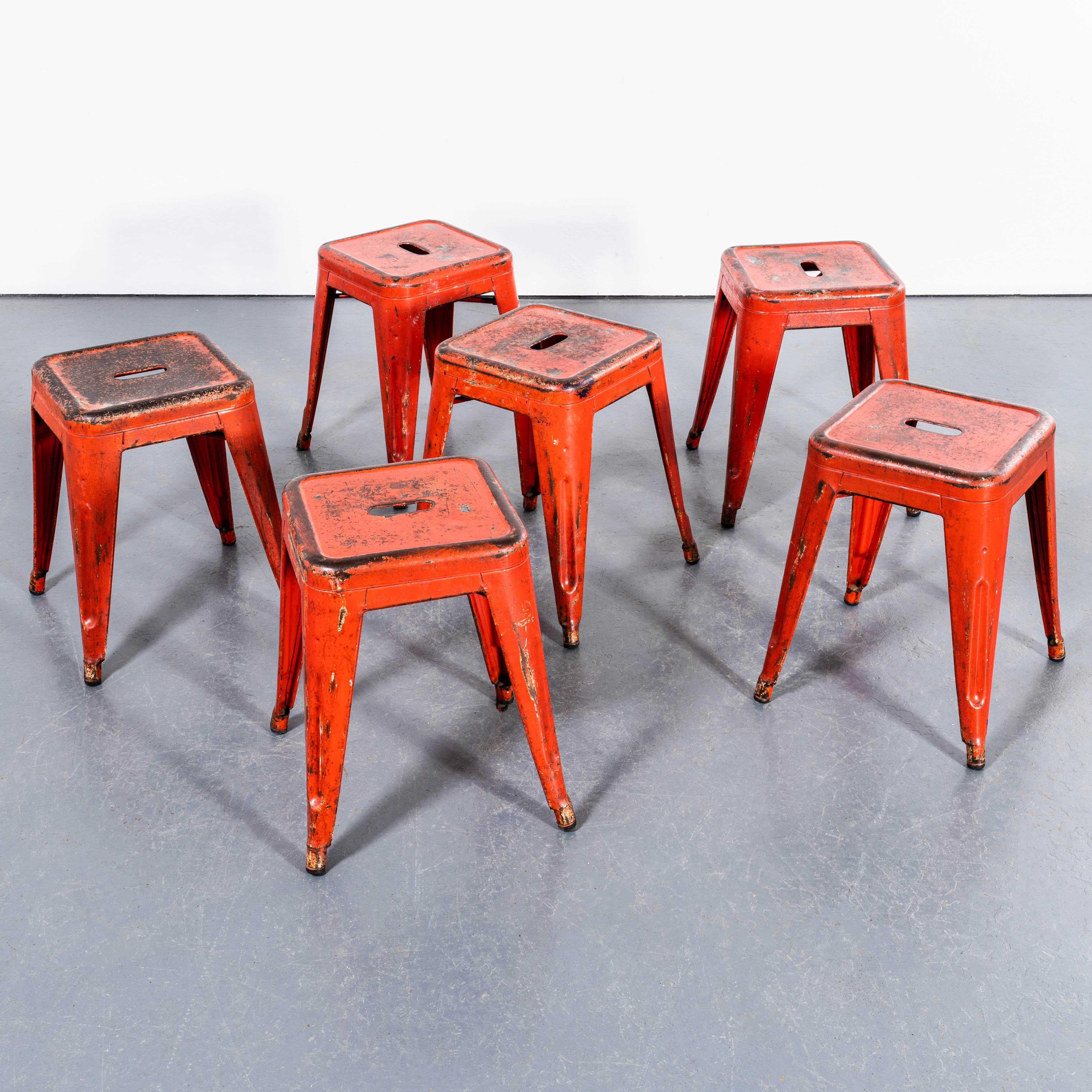 1950's Original French Tolix H Metal Café Stools Red - Small Batch Available 1