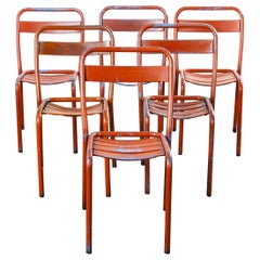 1950s Original French Tolix T1 Red Metal Café Outdoor Dining Chairs, Set of Six