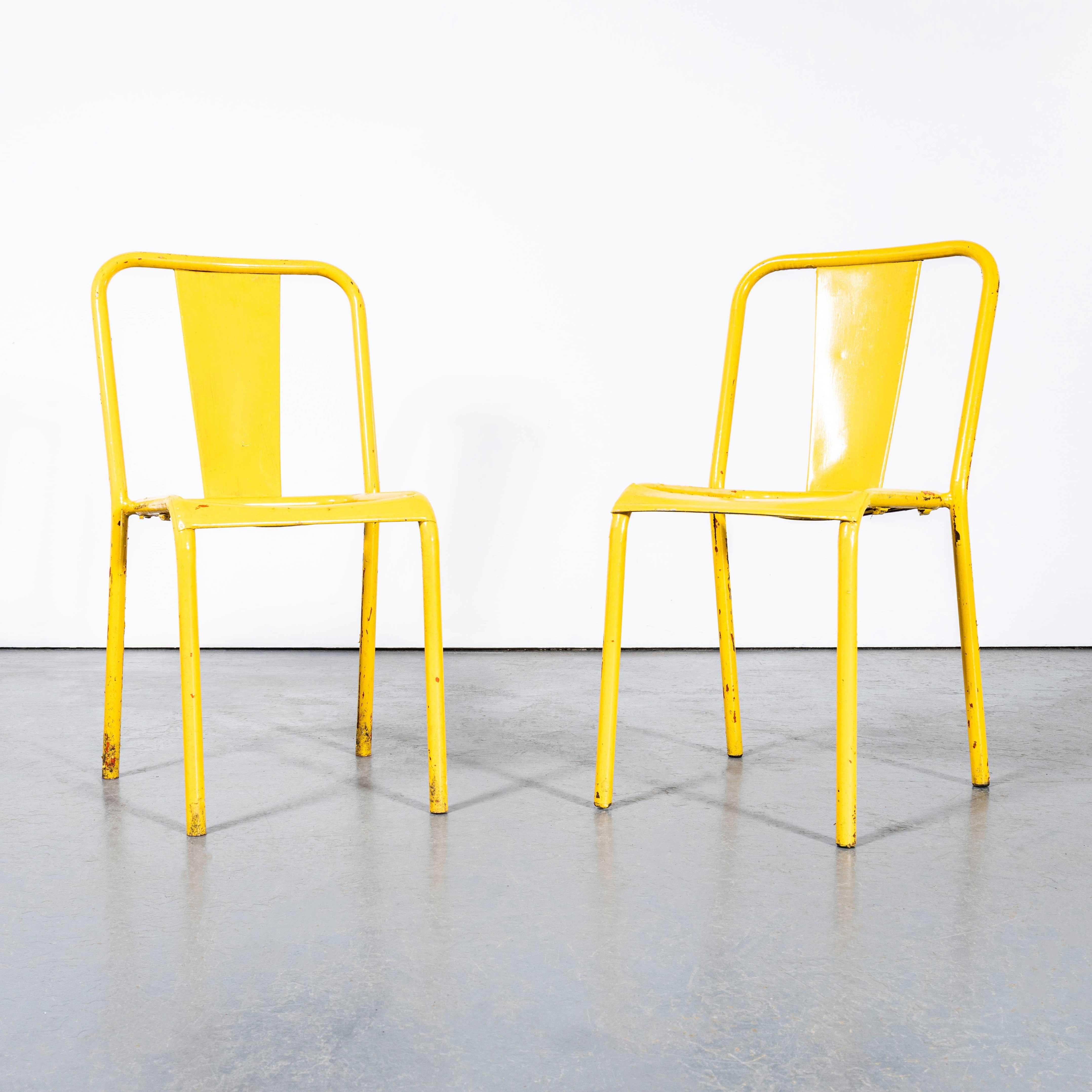 1950’s Original French Tolix T37 Outdoor Dining Chairs – Pair Yellow. 

Tolix is one of our all time favourite companies. In 1907 Frenchman Xavier Pauchard discovered that he could protect sheet metal from rusting by dipping it in molten zinc