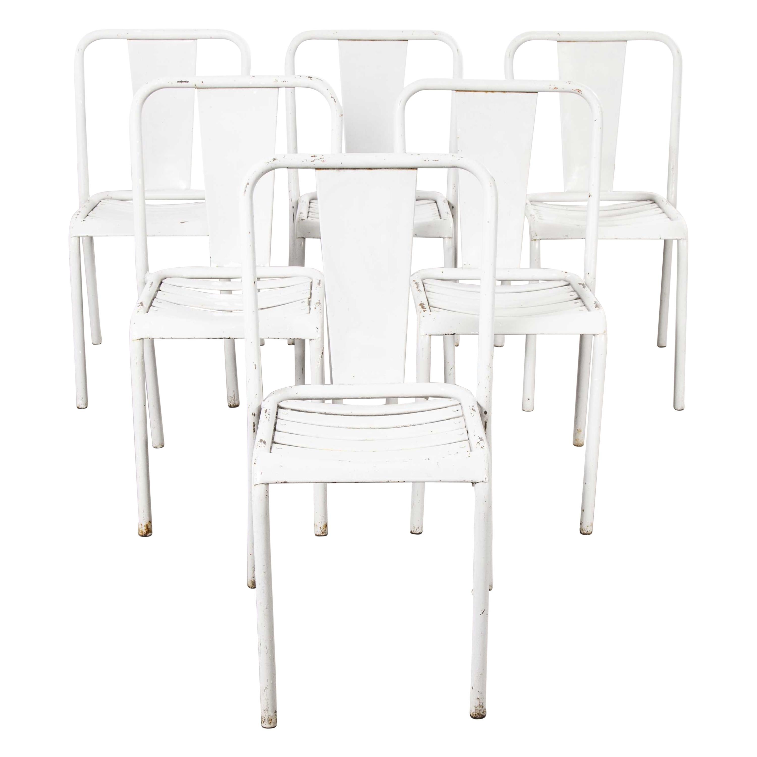 1950s Original French Tolix T4 Metal Light Grey Café Dining Chairs, Set of Six