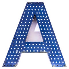 1950’s Original Large French Metal Shop Signage Letters – Perforated Blue A