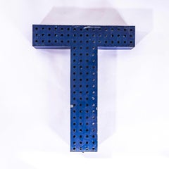 1950’s Original Large French Metal Shop Signage Letters – Perforated Blue T