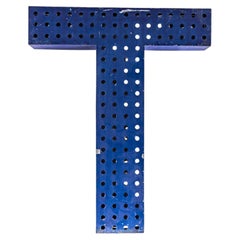 1950’s Original Large French Metal Shop Signage Letters – Perforated Blue T