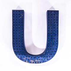 1950’s Original Large French Metal Shop Signage Letters – Perforated Blue U