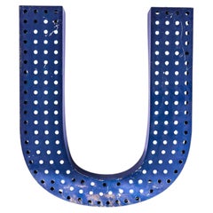 1950’s Original Large French Metal Shop Signage Letters – Perforated Blue U