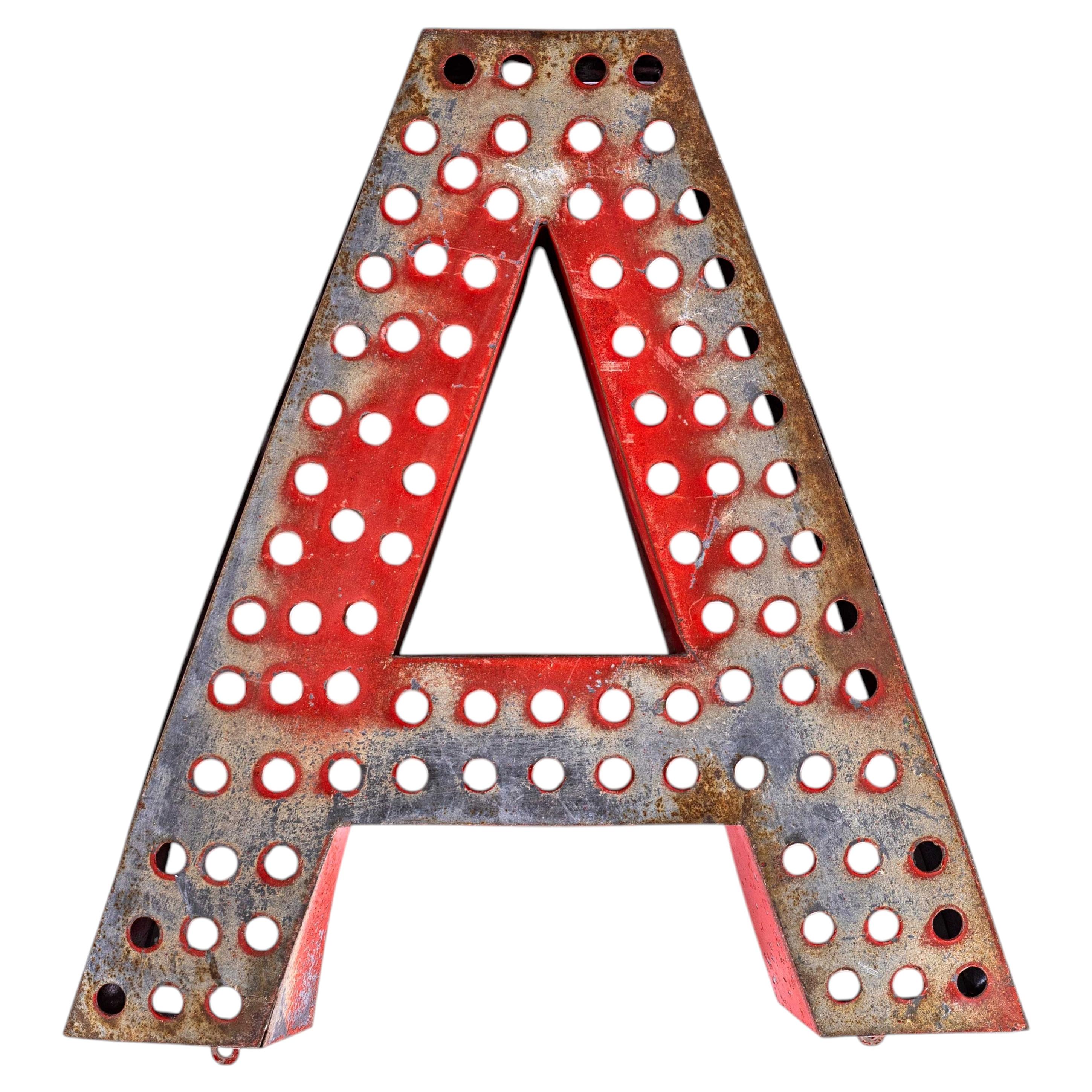 1950’s Original Large French Metal Shop Signage Letters – Perforated Red A