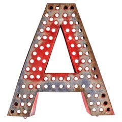 1950’s Original Large French Metal Shop Signage Letters – Perforated Red A