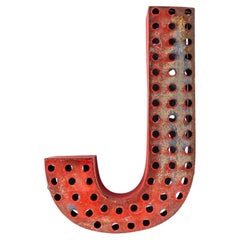 1950’s Original Large French Metal Shop Signage Letters – Perforated Red J